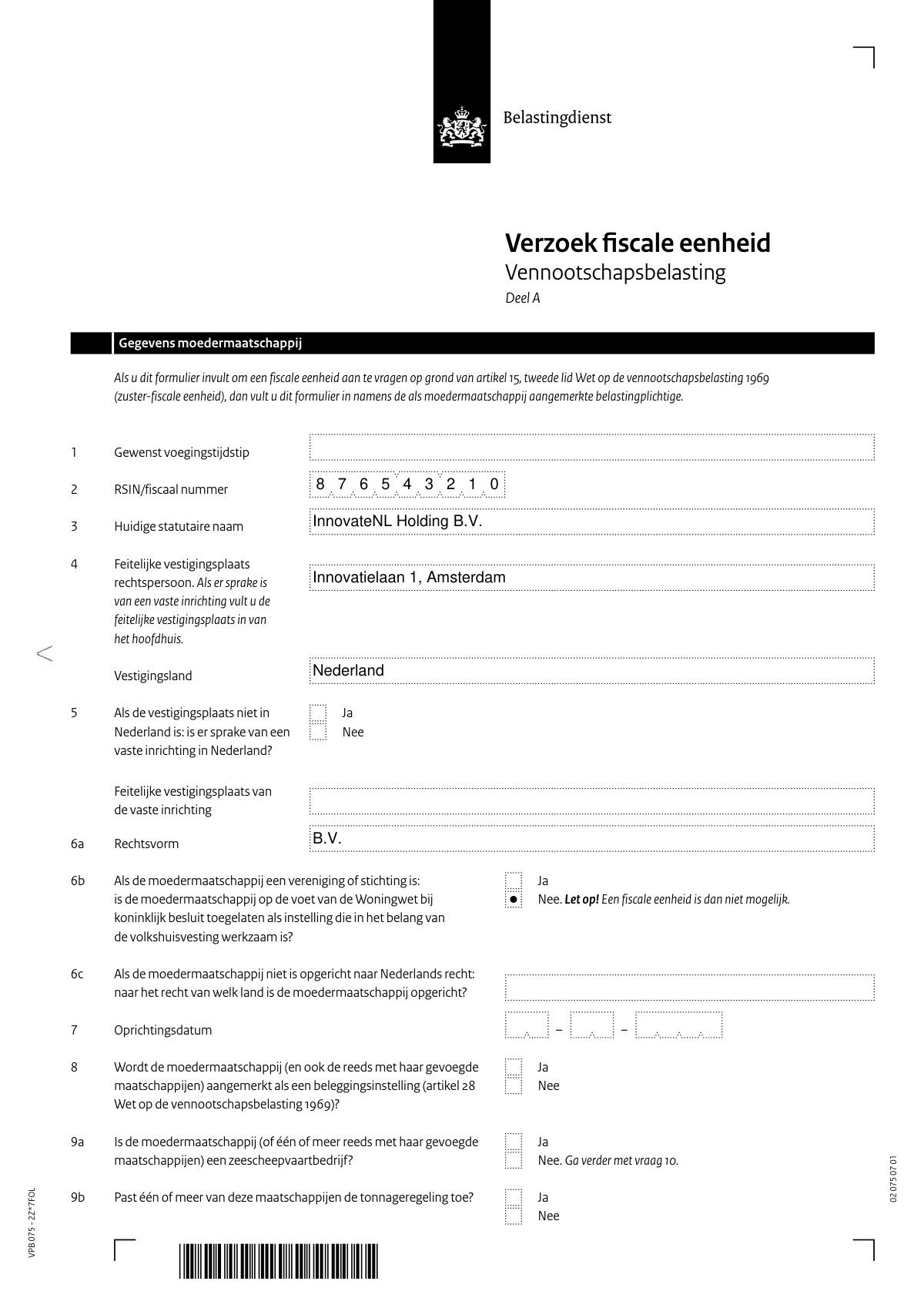 Completed example of Dutch tax form VPB 075 Part A for a parent company requesting a fiscal unity for corporate tax.