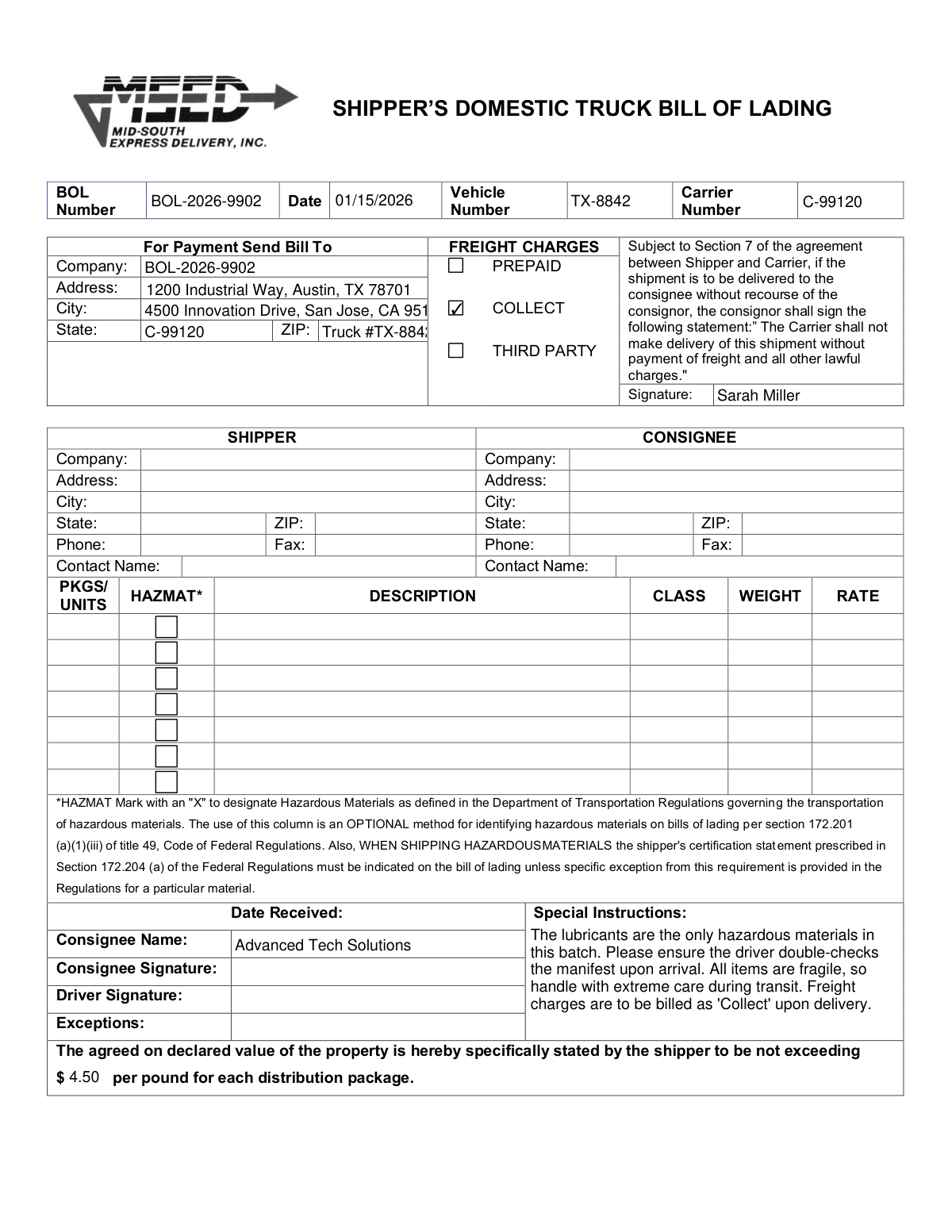 Completed Bill of Lading form populated from unstructured shipping request email