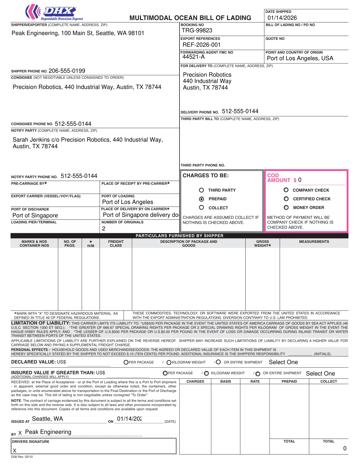 A rendered web page showing a successfully populated Bill of Lading form derived from a logistics email.