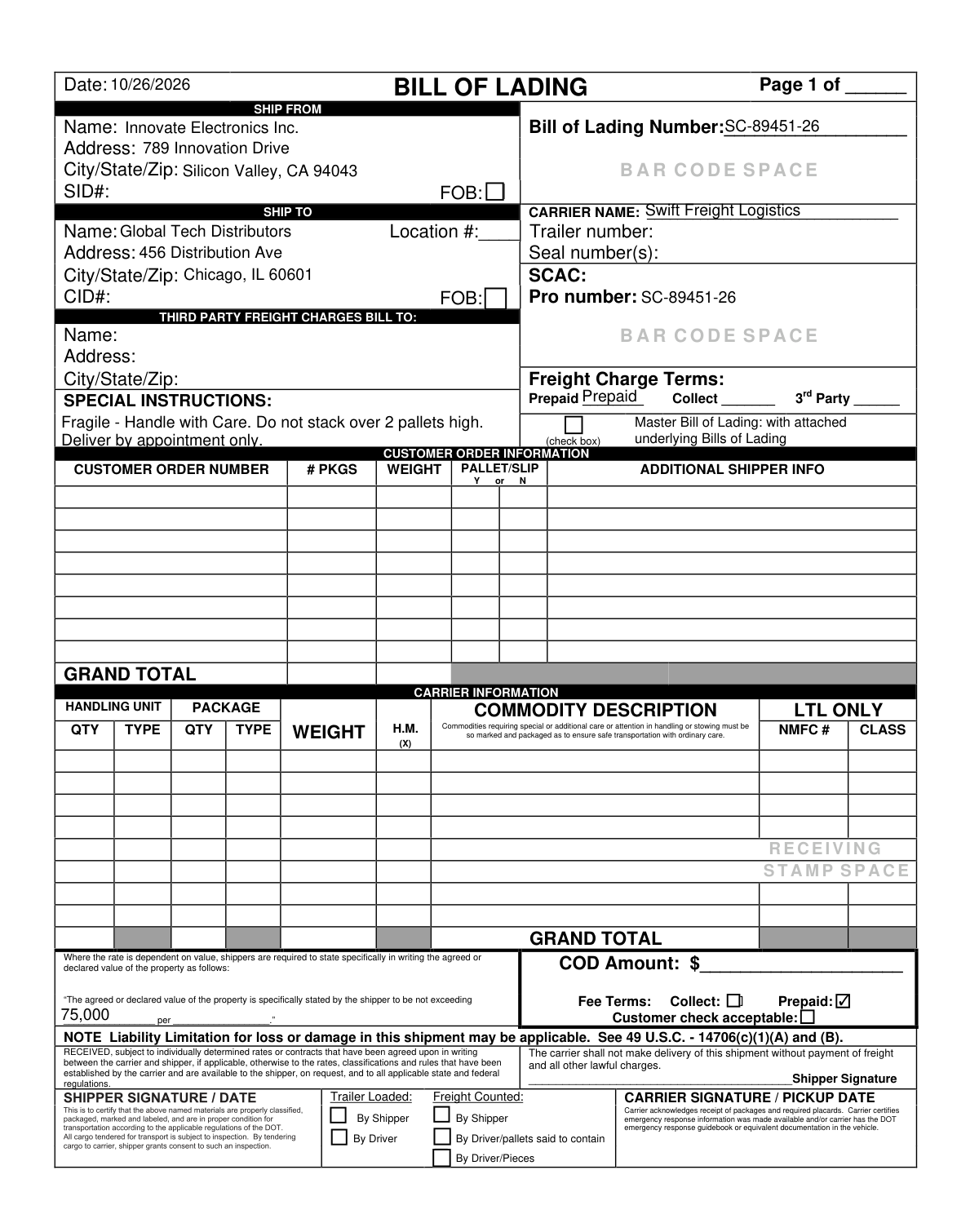 A filled-out sample of a Bill of Lading (BOL) and its supplement for a commercial electronics shipment.