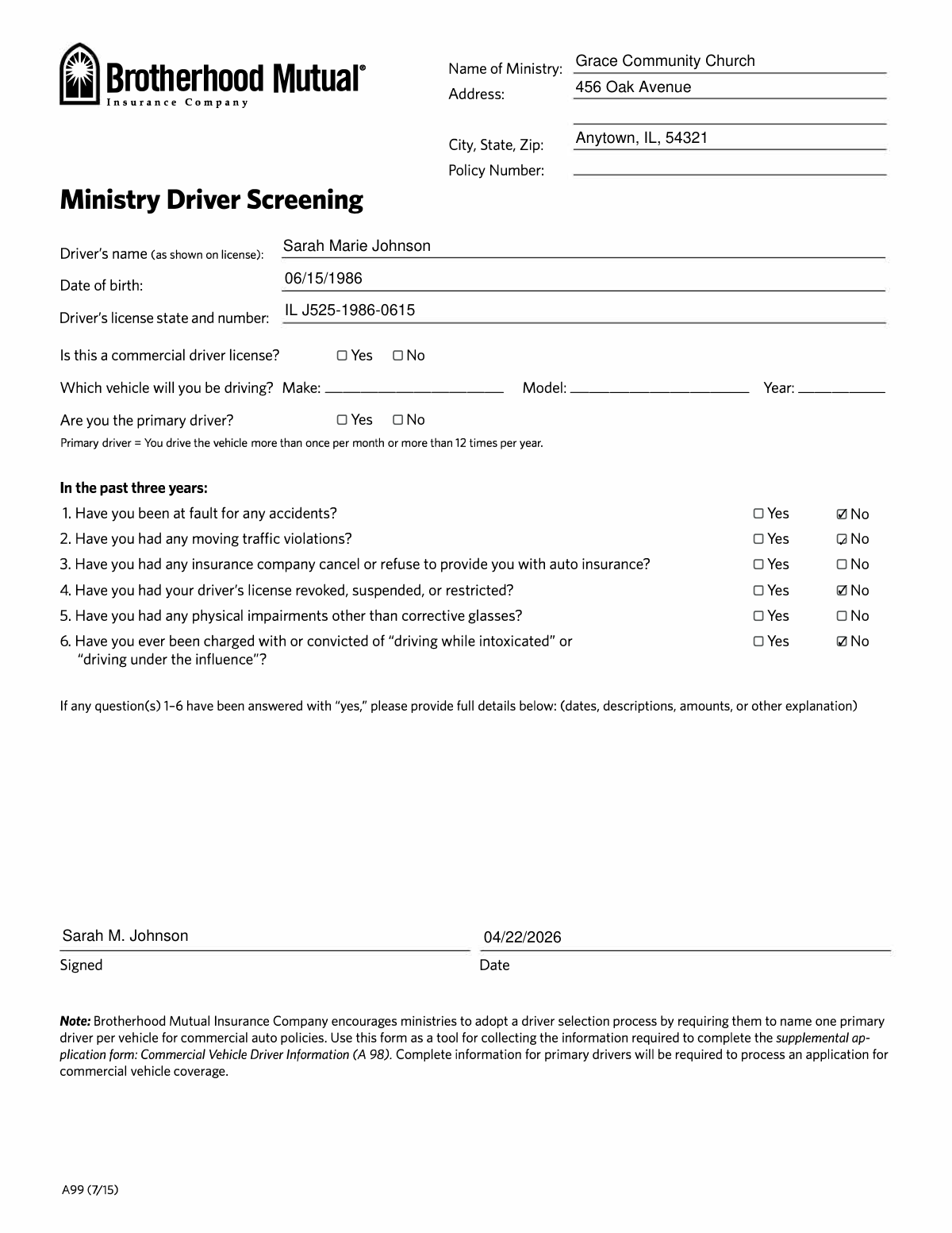 A completed sample of the Brotherhood Mutual Insurance Company Ministry Driver Screening Form (A99) for a church volunteer.