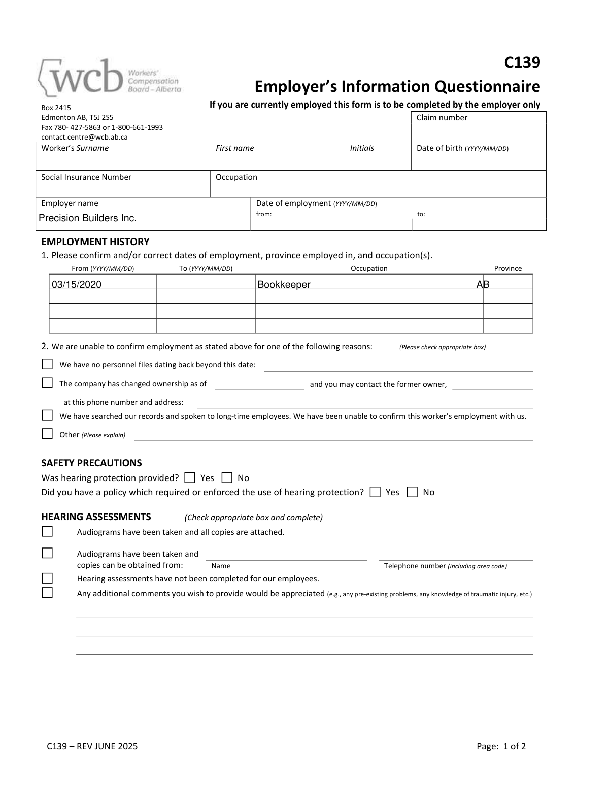 A completed sample of the C139 – Employer’s Information Questionnaire for a construction company in Alberta.