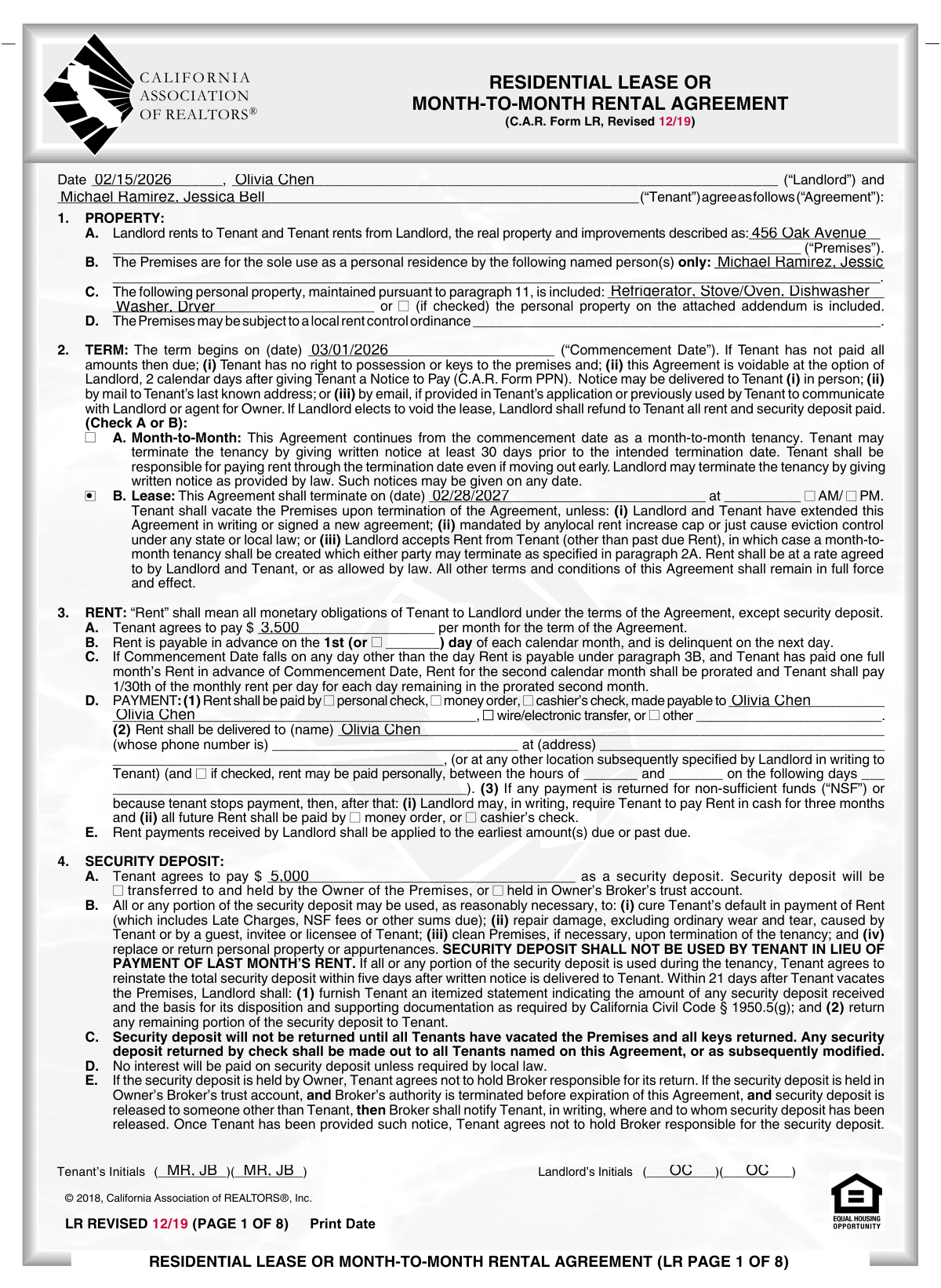 Completed California Residential Lease Agreement (C.A.R. Form LR) for a single-family home.