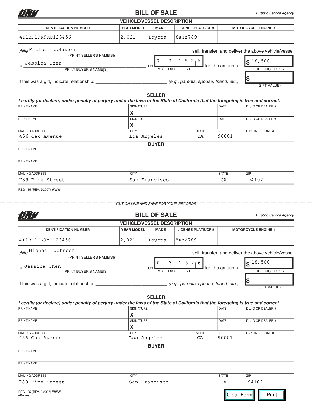 Completed California DMV Form REG 135 Bill of Sale for a private car transaction between two individuals.