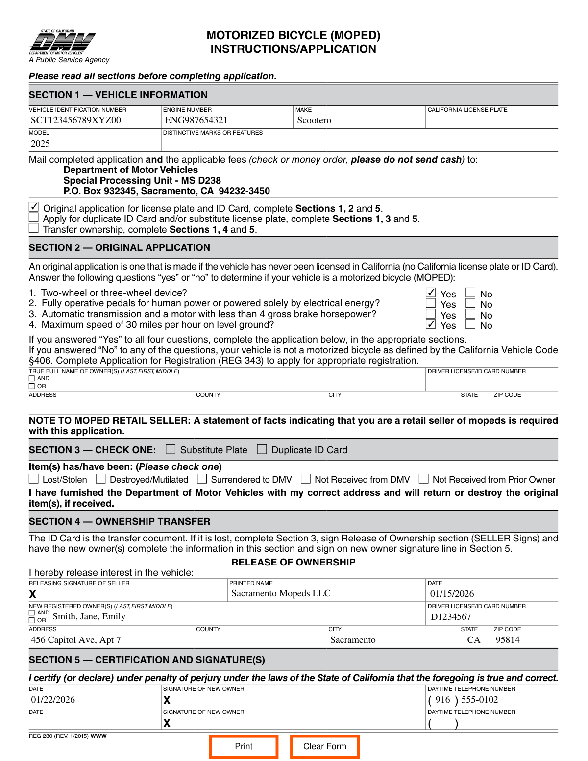 A completed sample of California DMV Form REG 230 for registering a new motorized bicycle (moped).