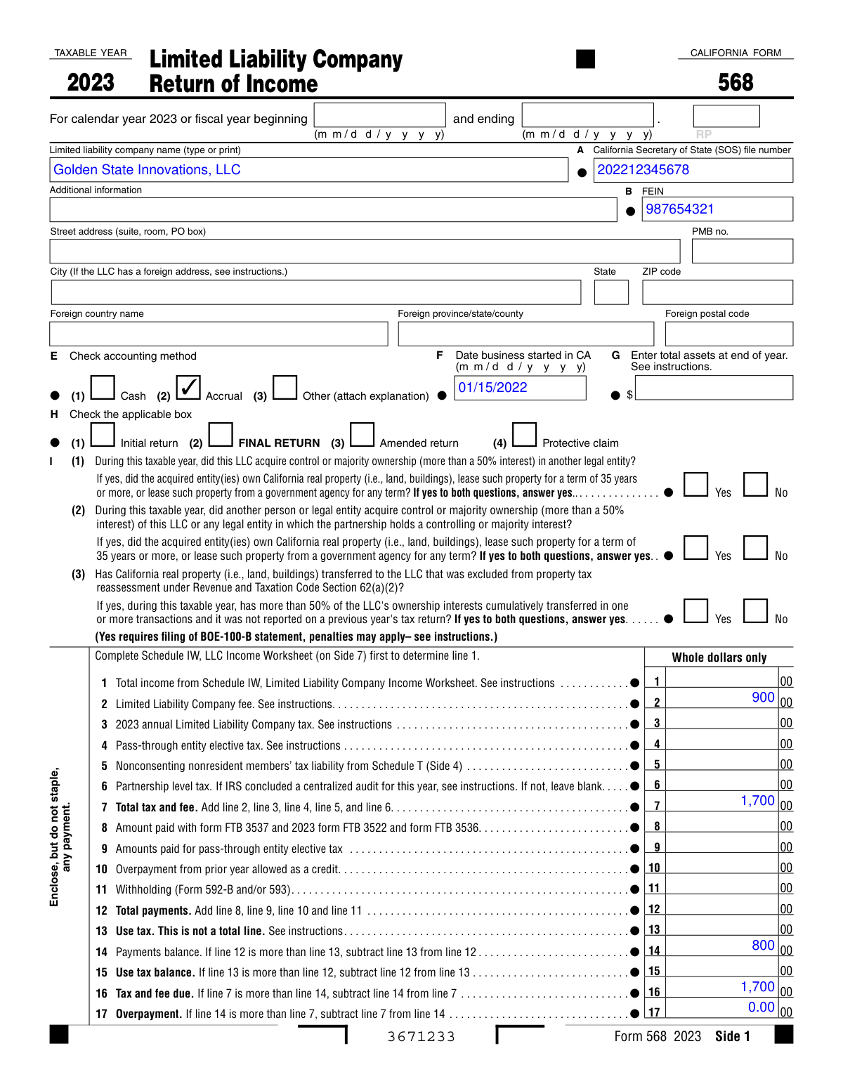 Sample of a completed California Form 568 (2023) for a multi-member LLC taxed as a partnership.