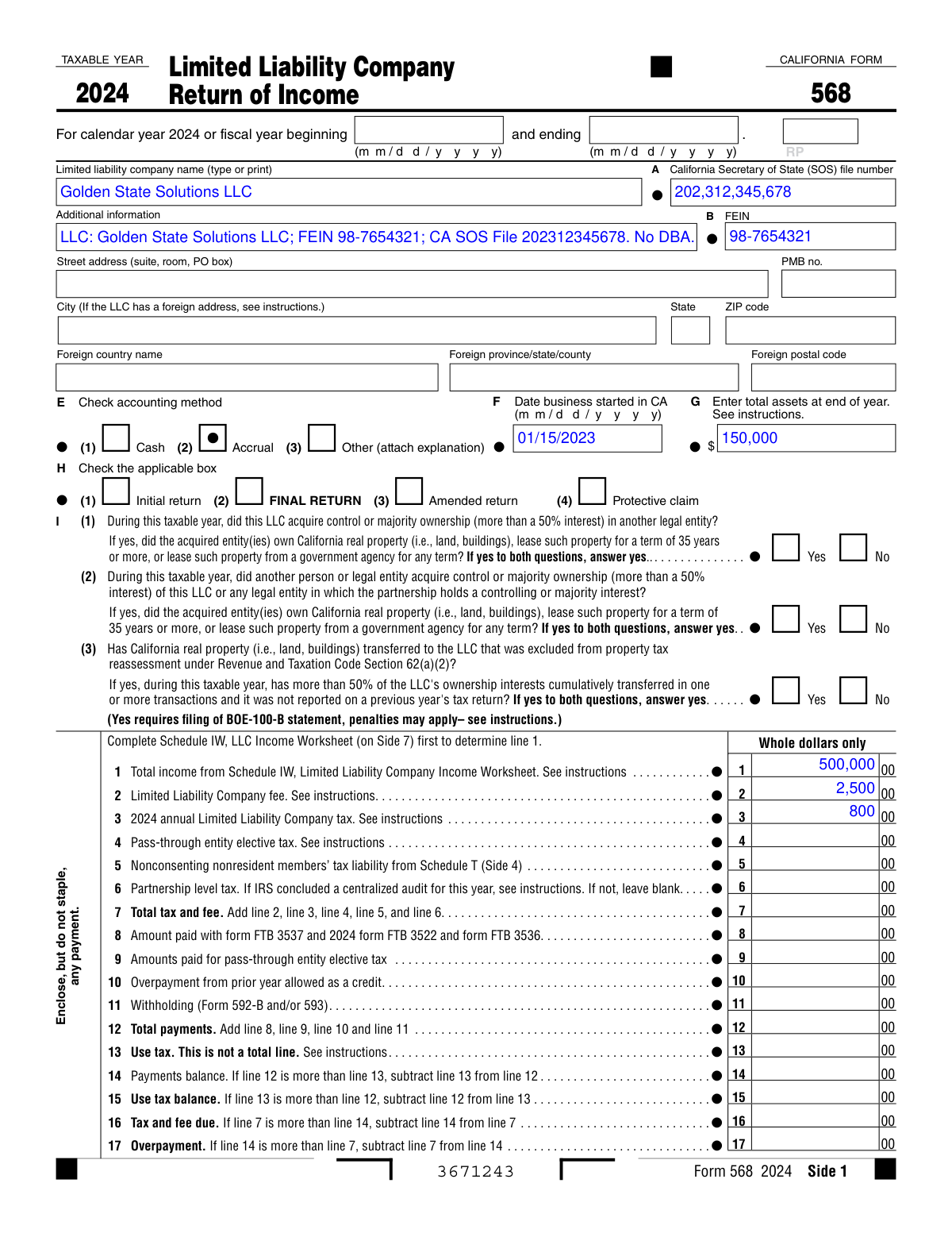 Completed California Form 568 for a multi-member LLC for the 2024 tax year