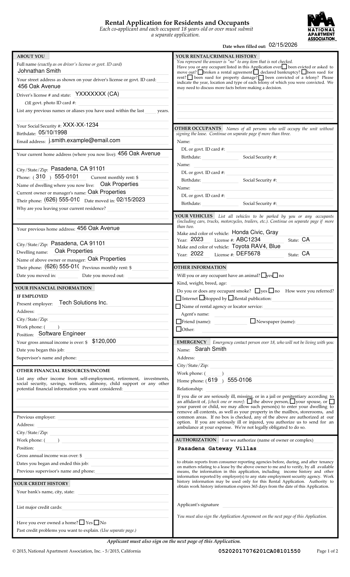 A completed sample of the California/National Apartment Association Official Form B-15, Rental Application filled out by two co-applicants.