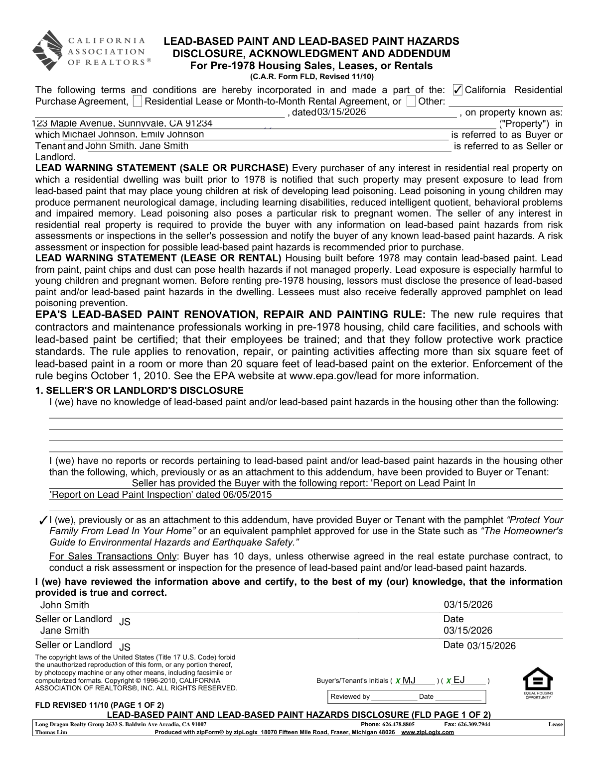 Completed C.A.R. Form FLD (Lead-Based Paint Disclosure) showing a seller's disclosure of known lead-based paint hazards for a pre-1978 home.