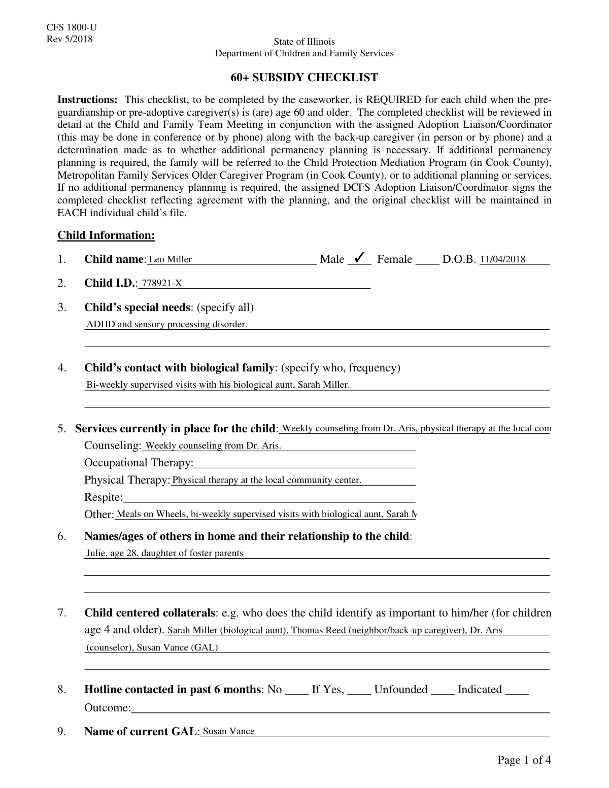 Completed Caregiver 60 and Over Checklist form