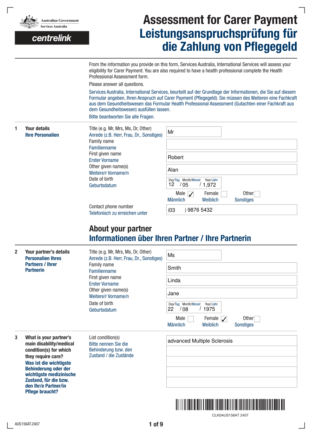 Completed Carer Allowance SA332a medical report form generated from clinical notes