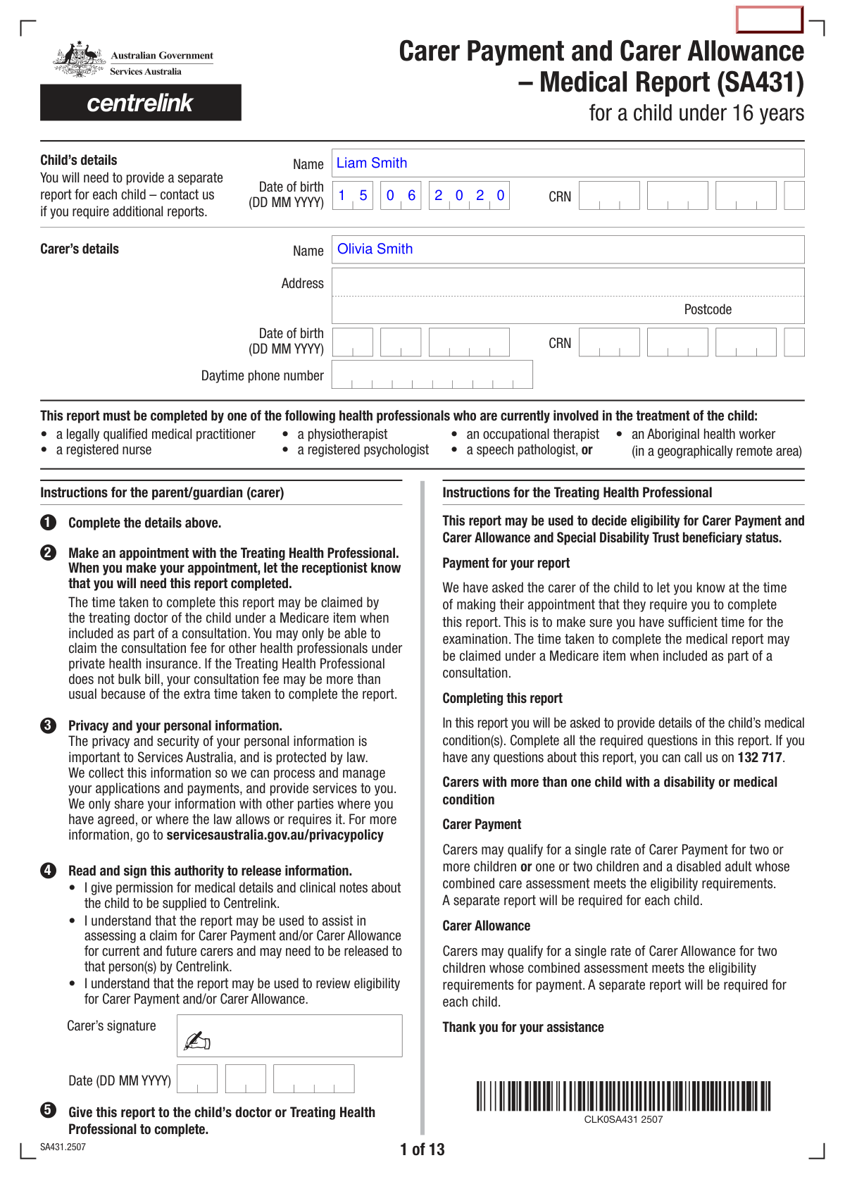 Example of a completed Carer Payment and Carer Allowance Medical Report (SA431) for a child under 16 years with Autism Spectrum Disorder.