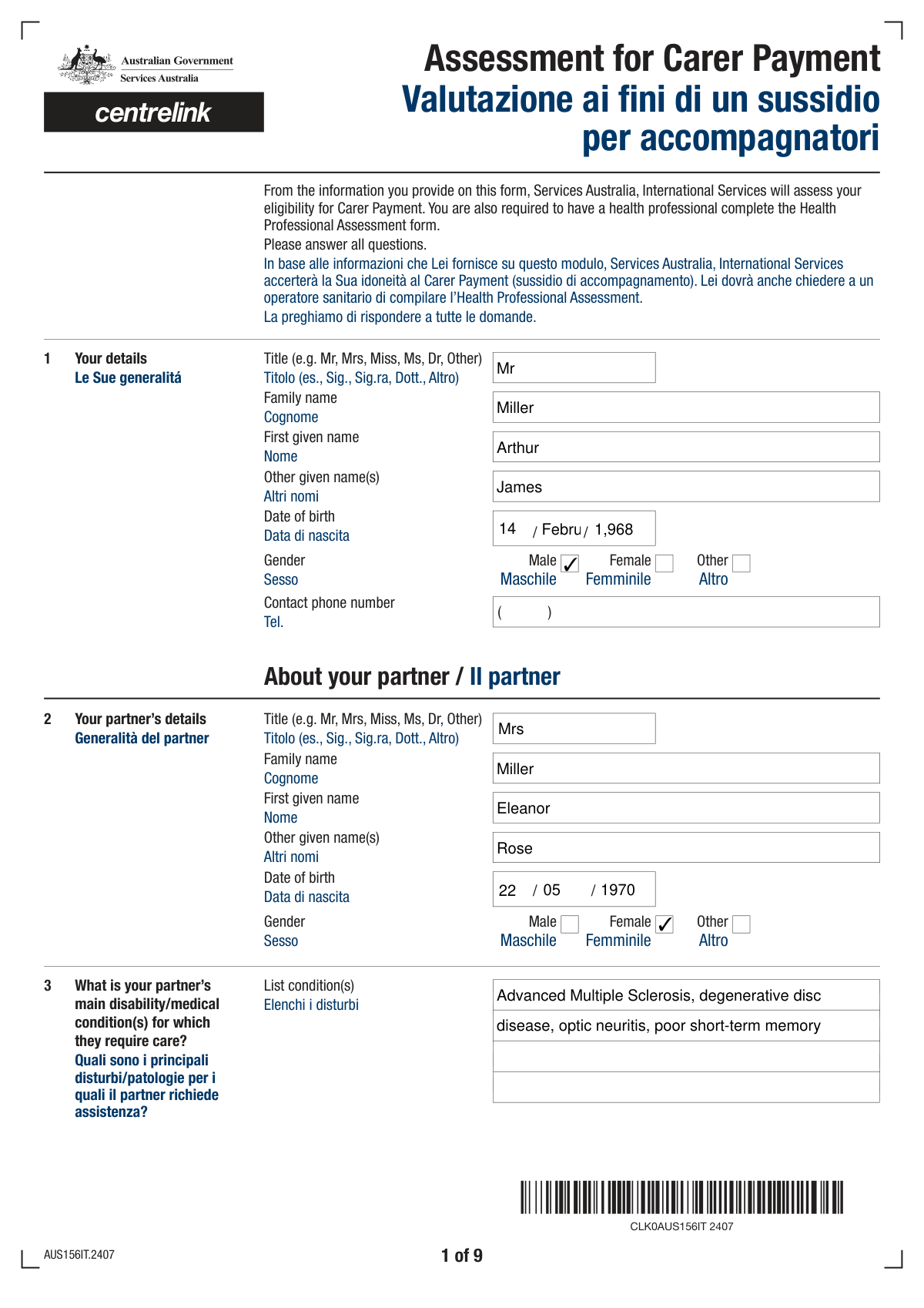 Completed Carer Payment and Carer Allowance form example