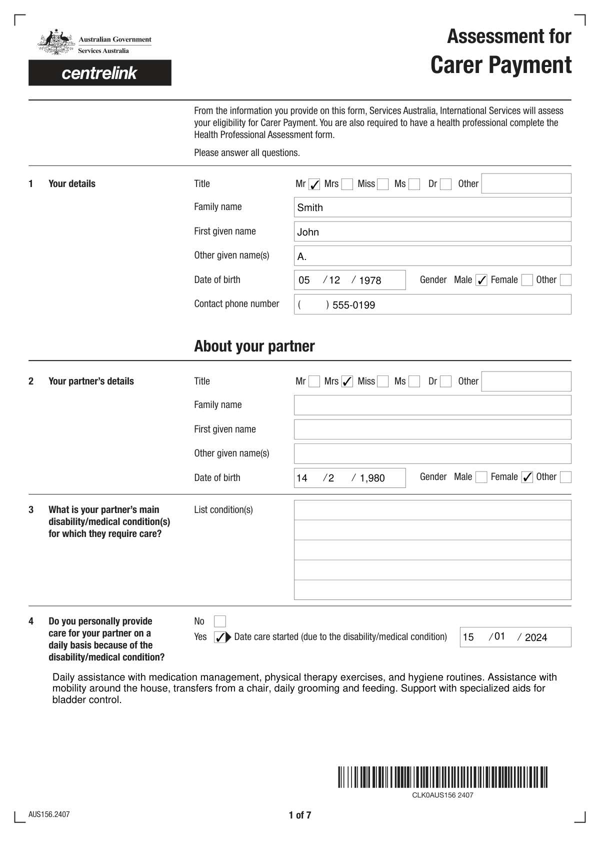 Example of a completed Carer Payment medical report form filled by AI from clinical notes