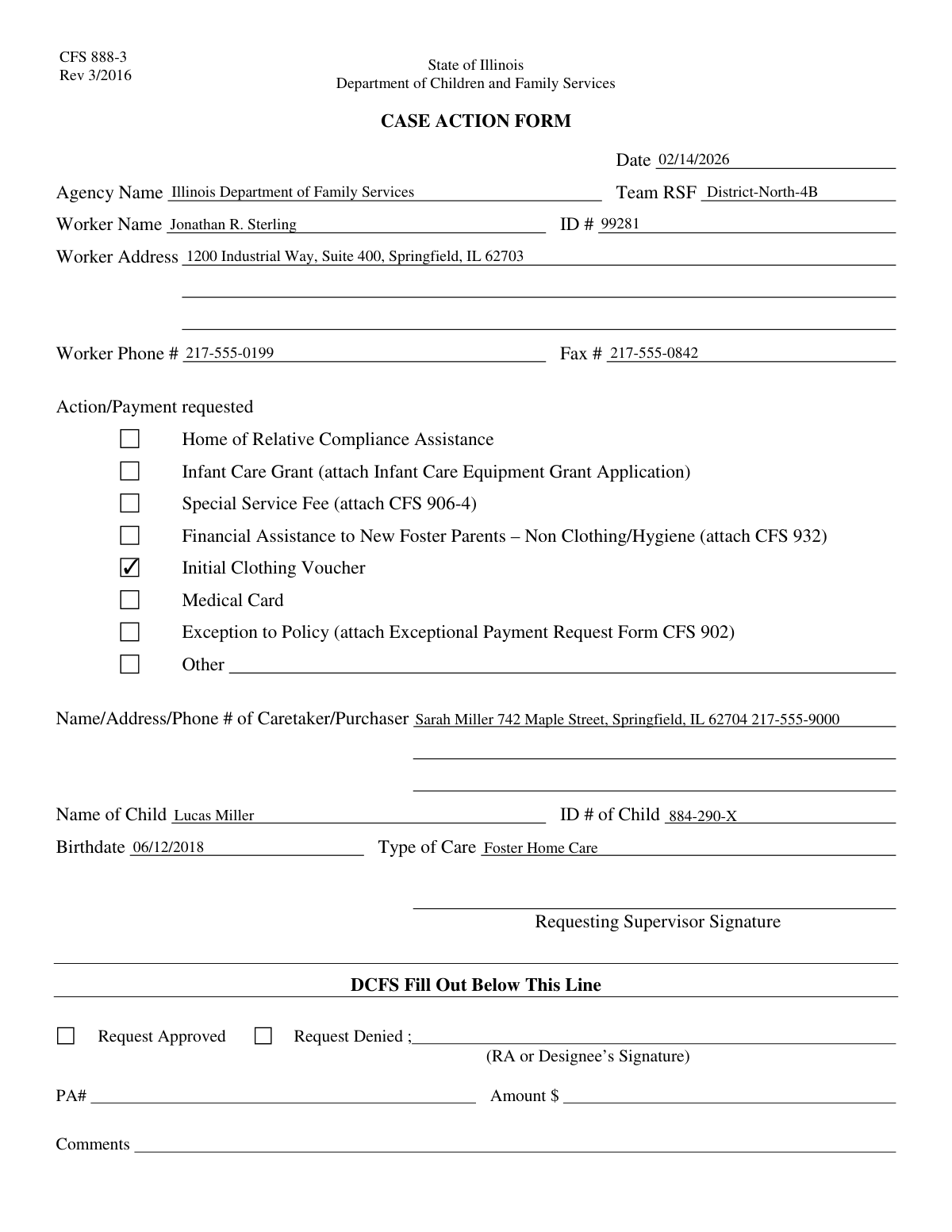 Completed Case Action/Payment Request Form showing extracted data from child welfare intake notes.