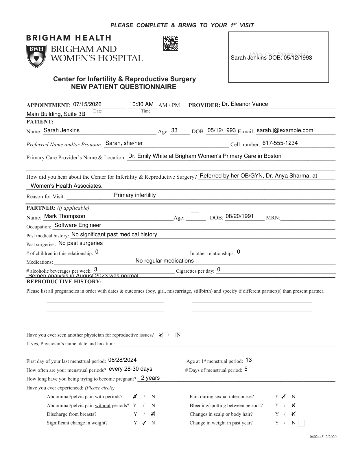 Filled Center for Infertility & Reproductive Surgery New Patient Questionnaire and Patient/Guarantor Statement