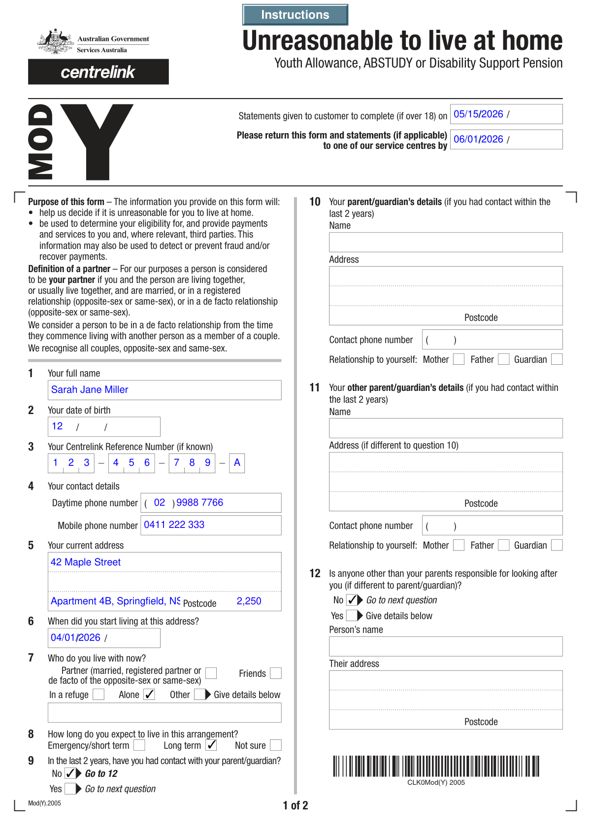 Completed Centrelink Form SY041 for youth homelessness support