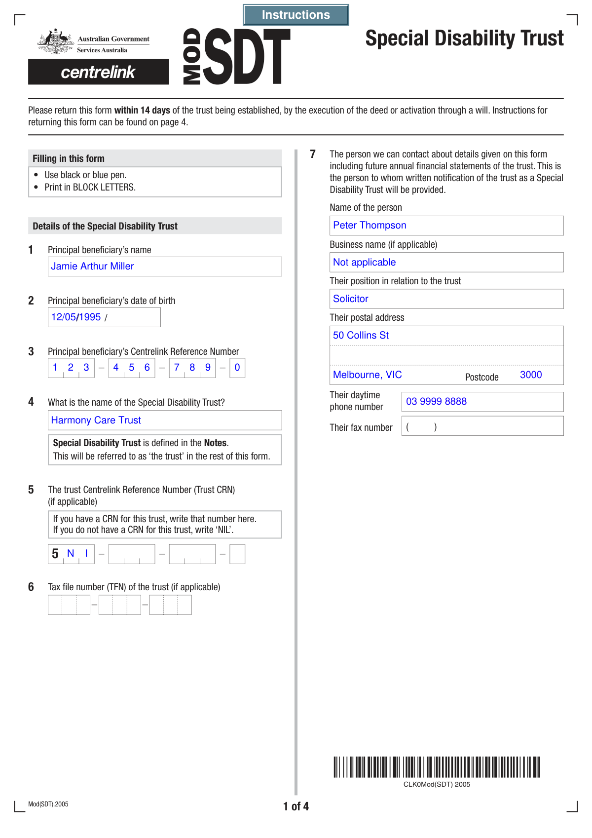 Completed Centrelink Special Disability Trust Details Form showcasing automated extraction.