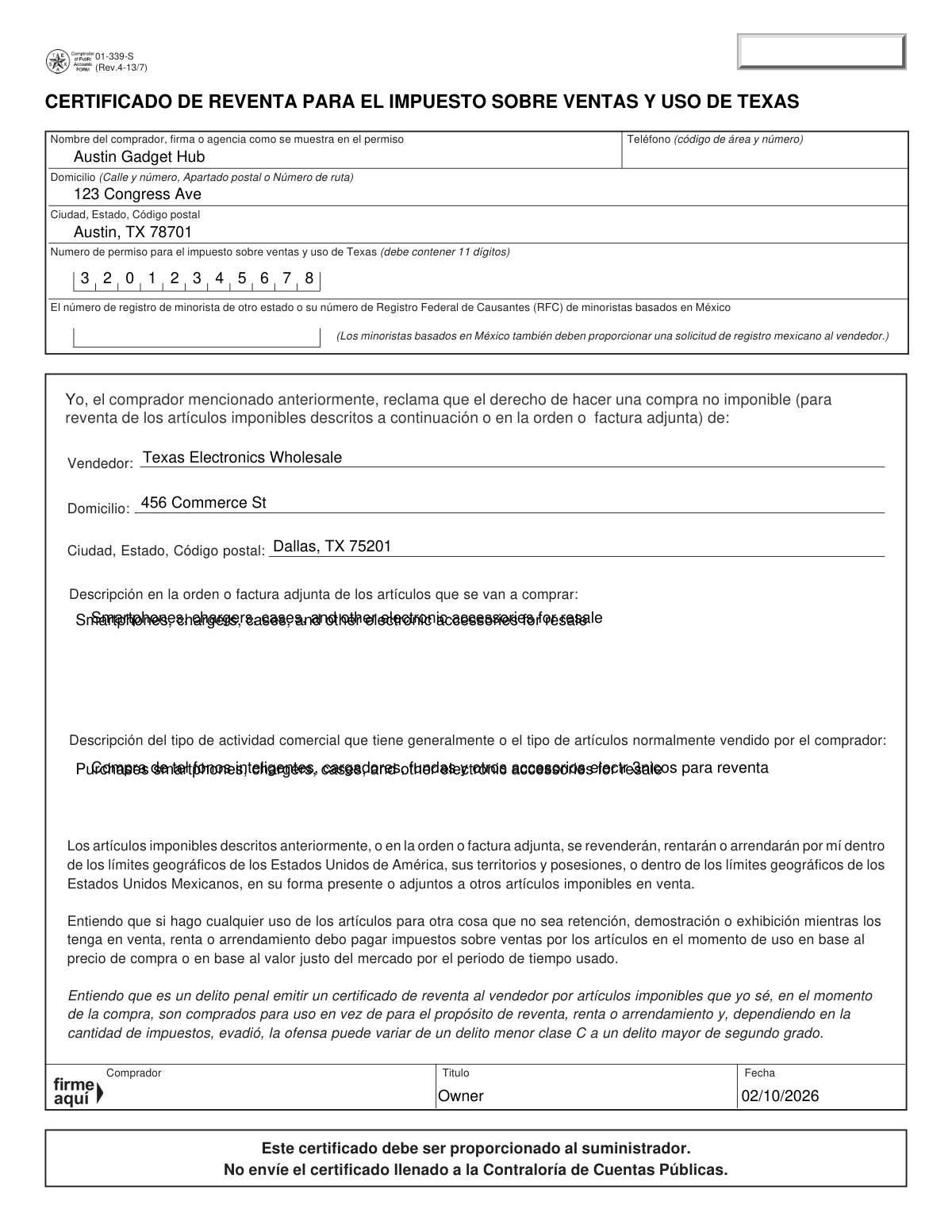 Completed Texas Resale and Exemption Certificate (Form 01-339-S) for a retail business purchasing inventory.