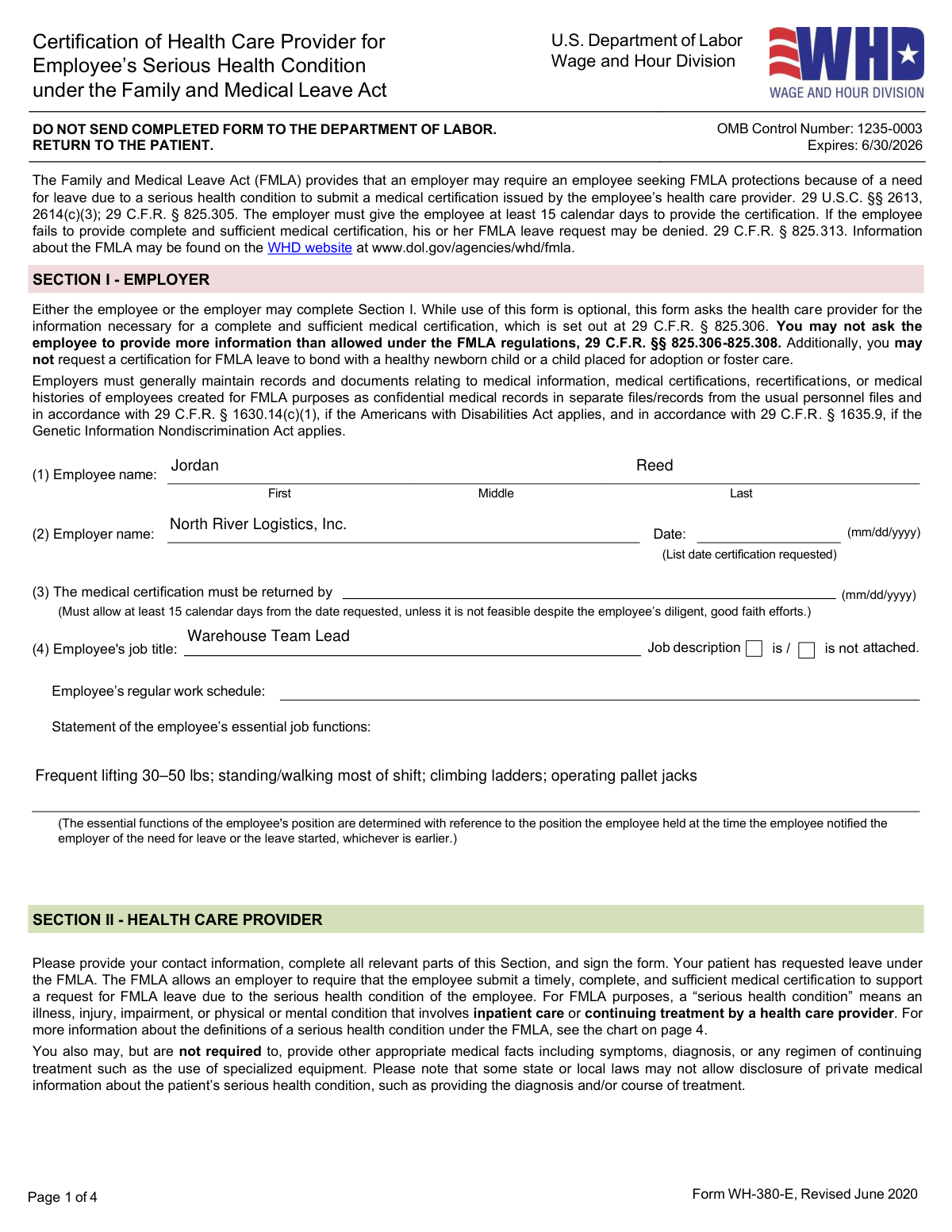 Completed Form WH-380-E example showing a health care provider certification for an employee’s serious health condition with surgery and follow-up visits