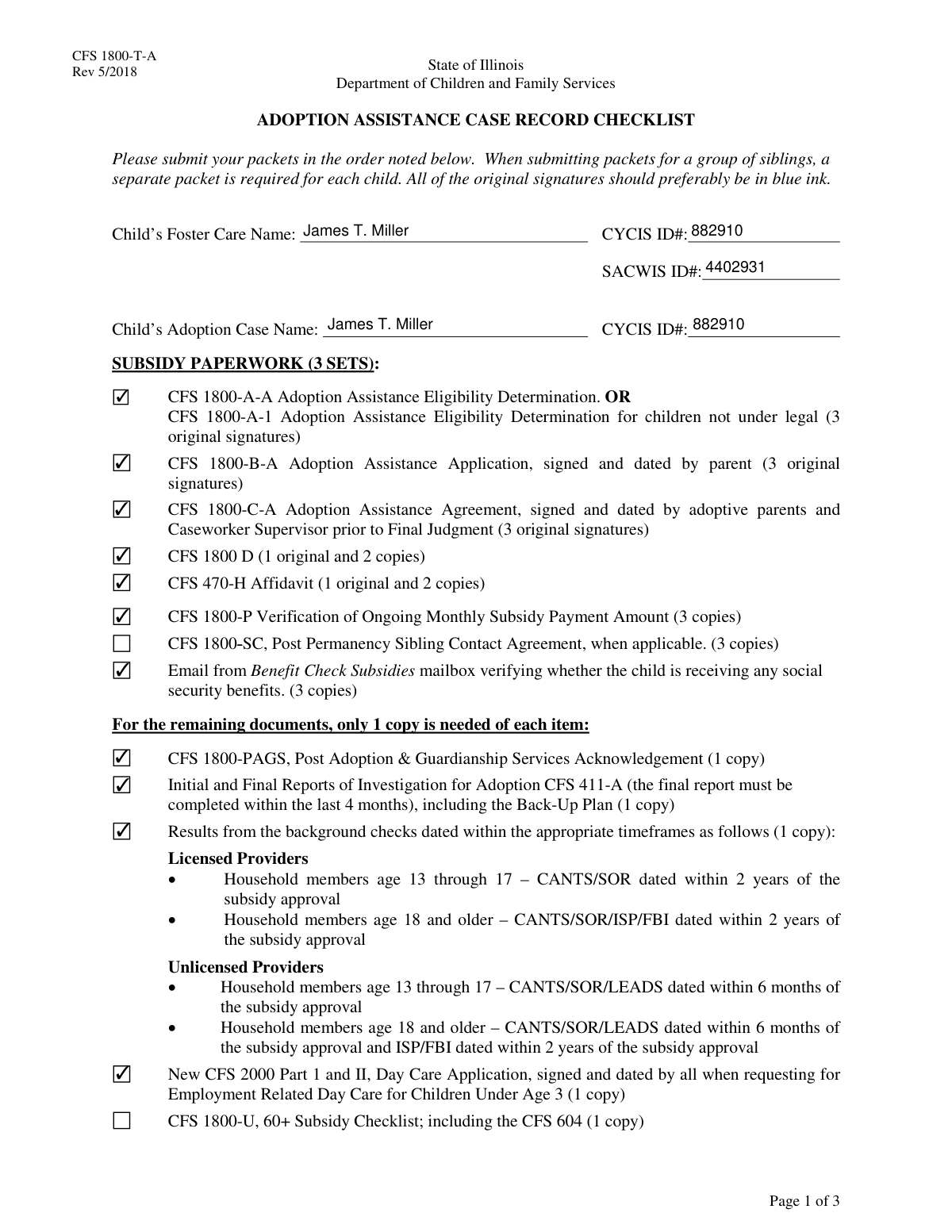 A completed CFS 1800-U 60+ Subsidy Checklist form for a foster child adoption case.