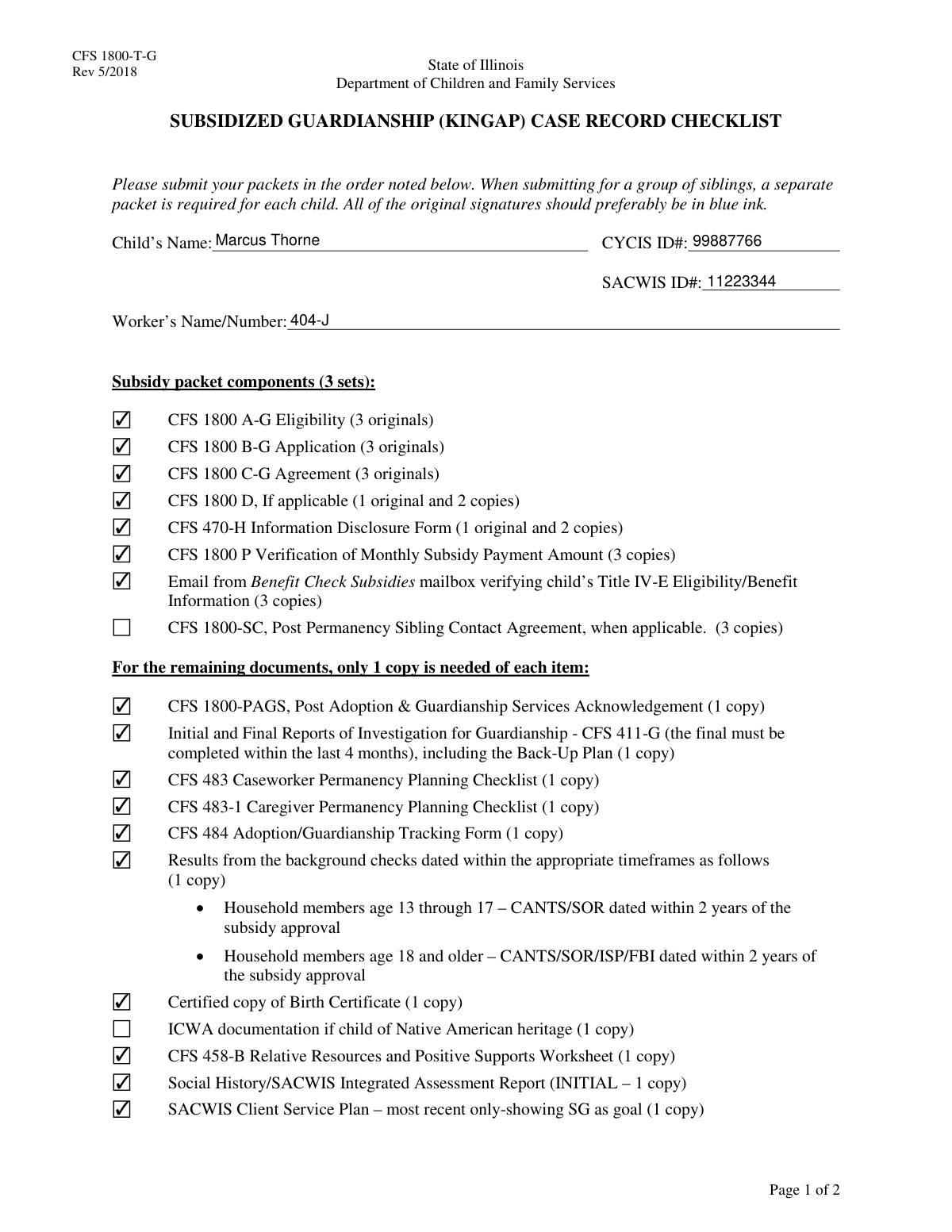 Completed CFS 1800-U, 60+ Subsidy Checklist form