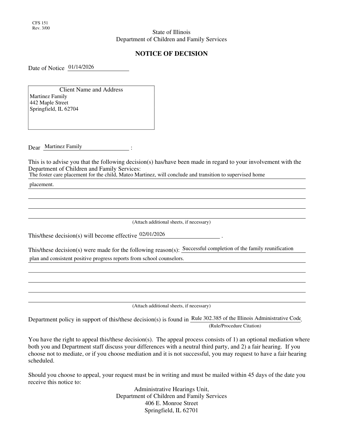 Completed CFS 403-2 Notice of Decision form for case closure