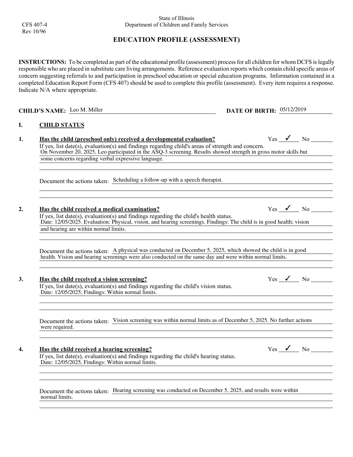 Completed CFS 431-1 form showing educational status and developmental milestones for a child.