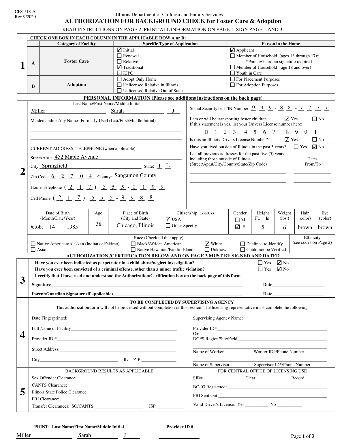 Filled CFS 508-1 Authorization for Background Check form for foster parent applicant