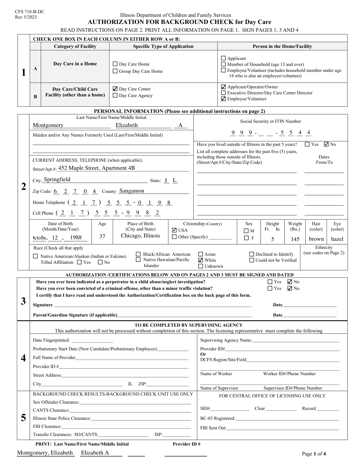 Completed CFS 718-1 Authorization for Background Check form sample