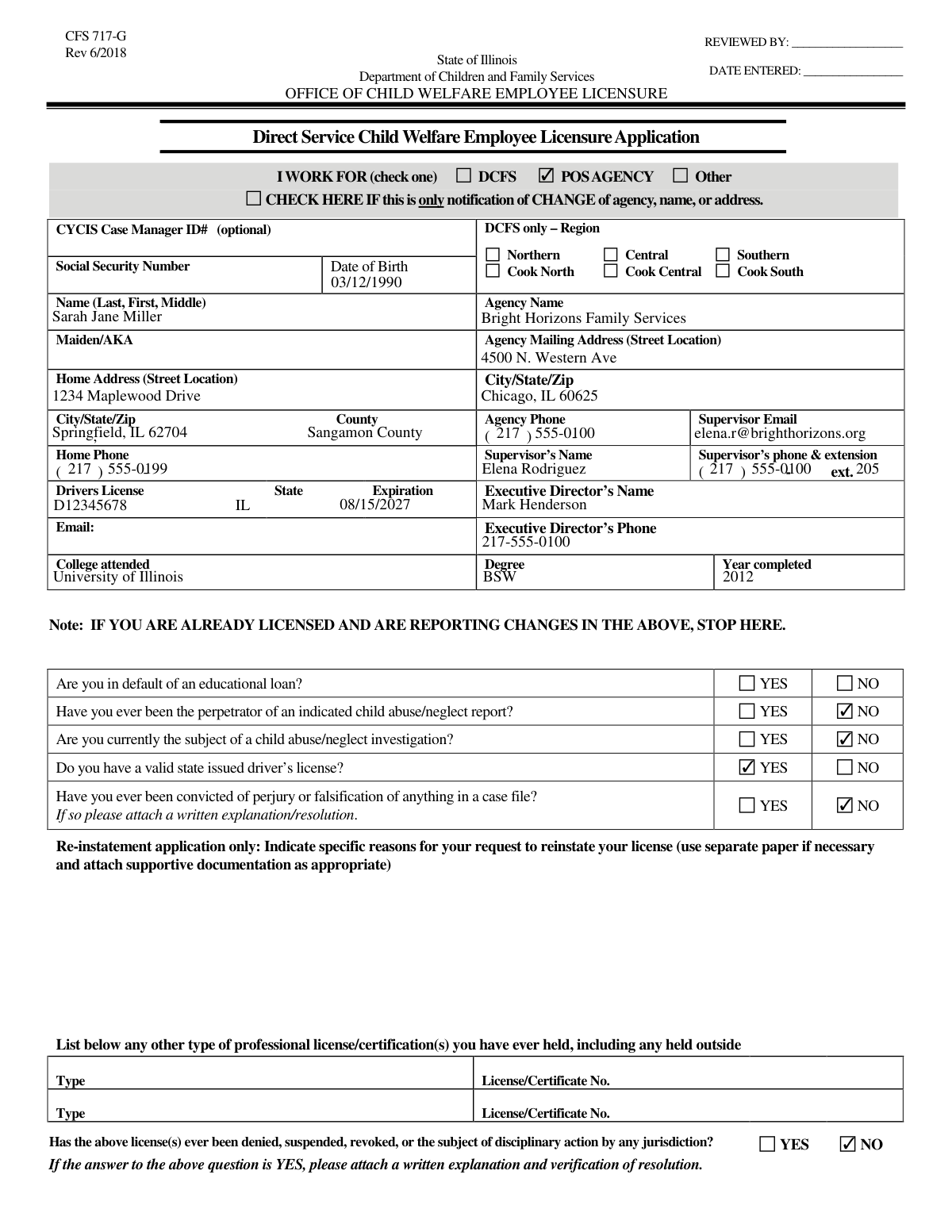 Completed CFS 718 form showing applicant details extracted from employment onboarding email