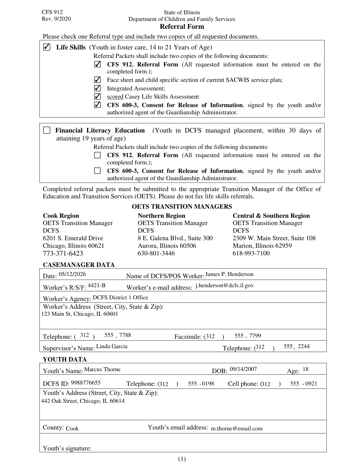 A screenshot showing the automated data extraction and filling of the CFS 912 Referral Form for DCFS life skills services.