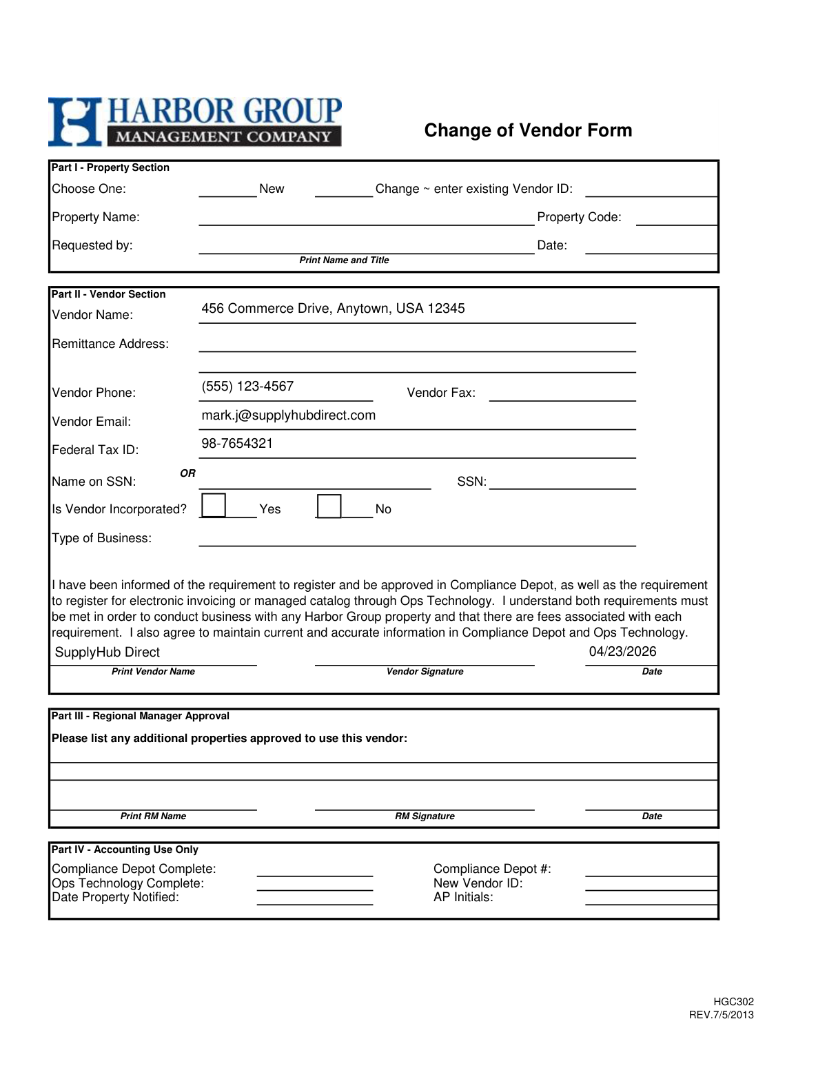 A completed Change of Vendor Form example detailing the switch from an old office supply supplier to a new one.