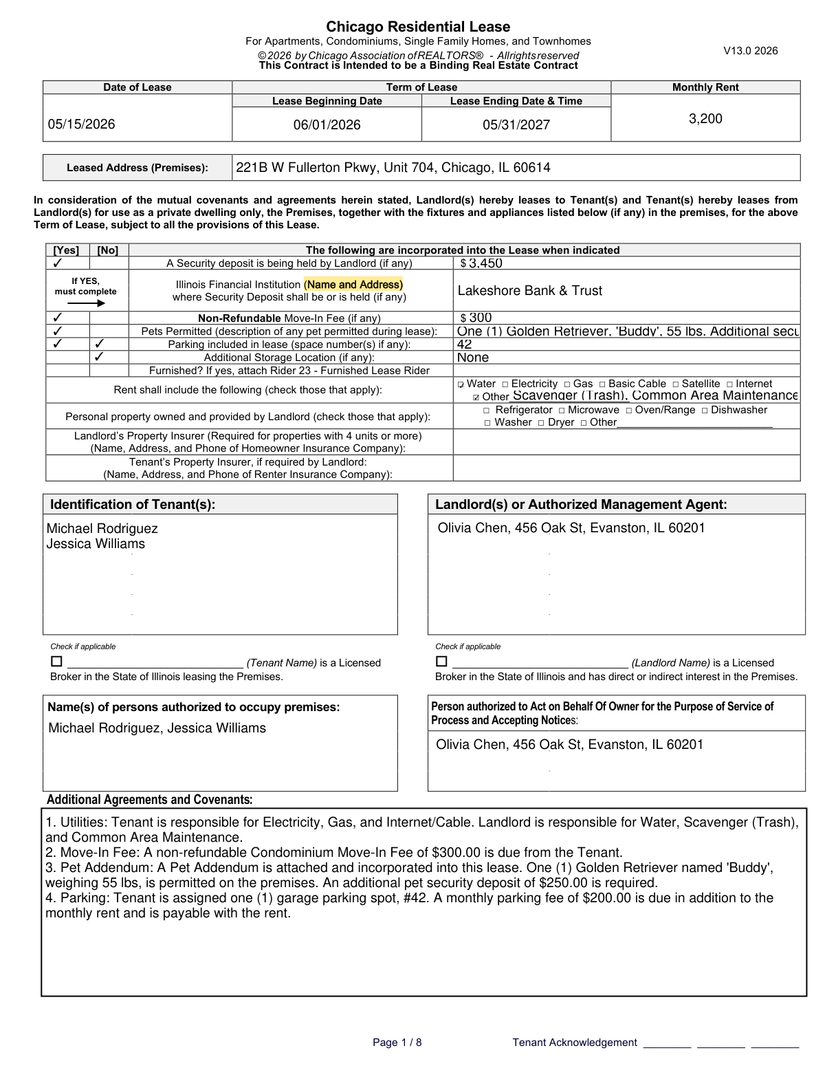 Sample filled-out first page of the Chicago Residential Lease for a Condominium (CAR V13.0 2026)