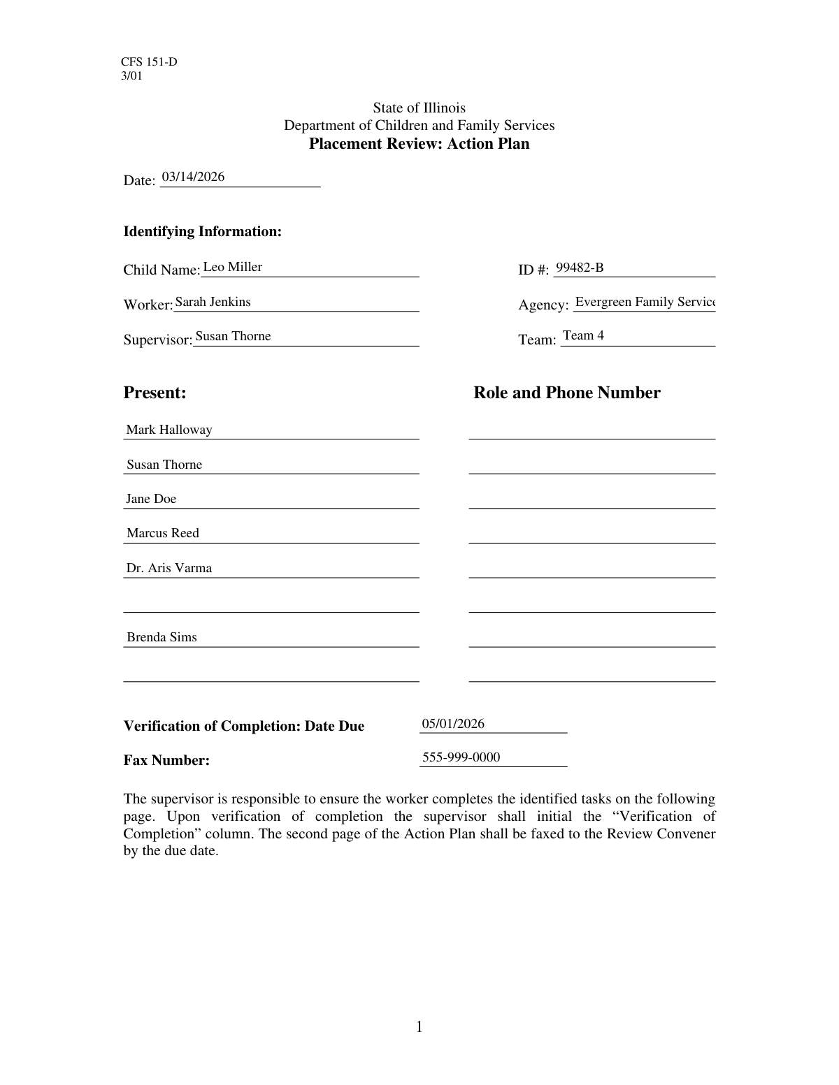 A screenshot of a completed Child Action Plan form for a foster care case.