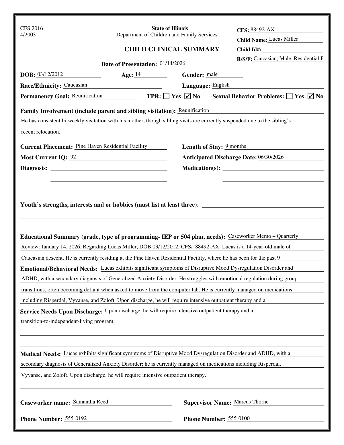 Completed Child and Adolescent Needs and Strengths Summary document sample