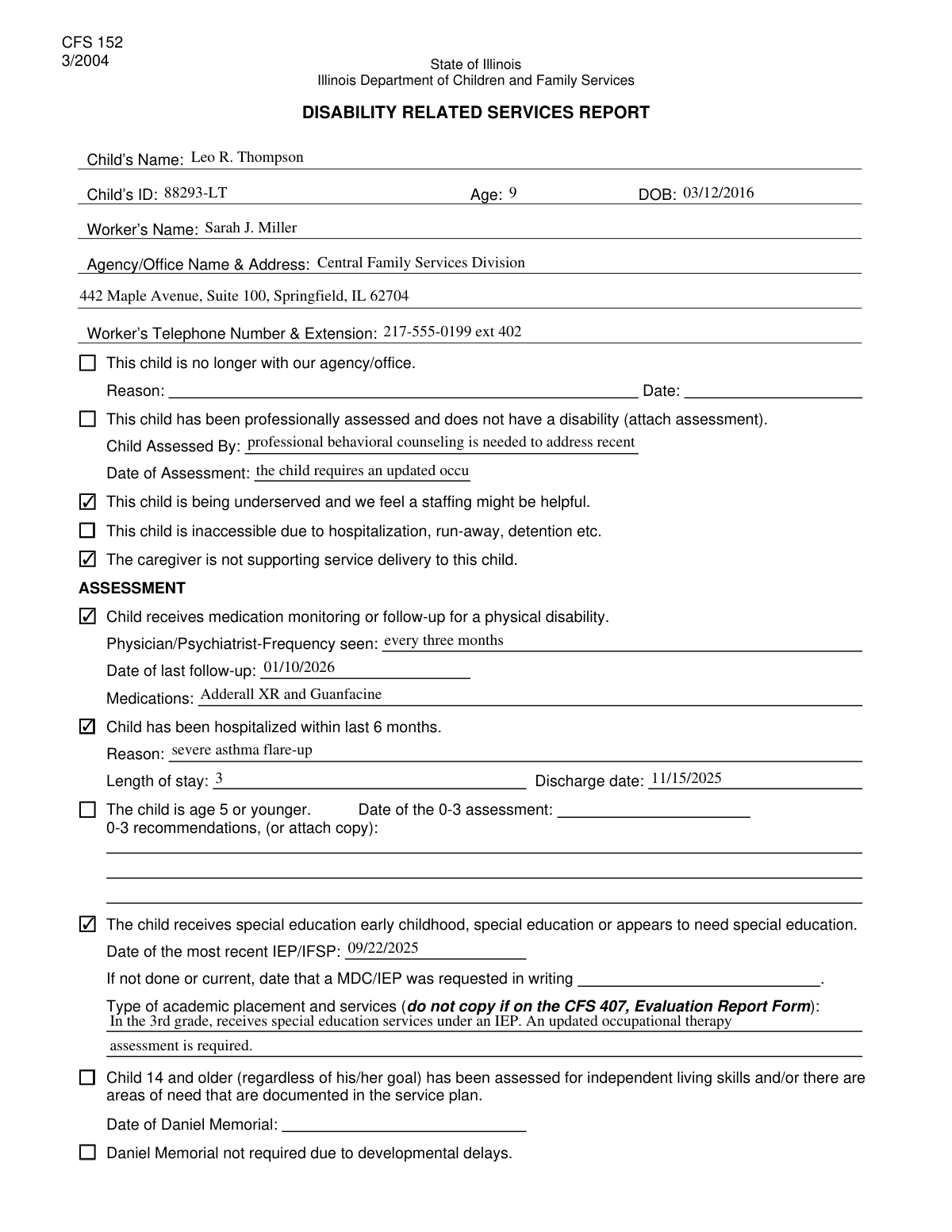 Filled Child Status and Service Needs Review PDF form example