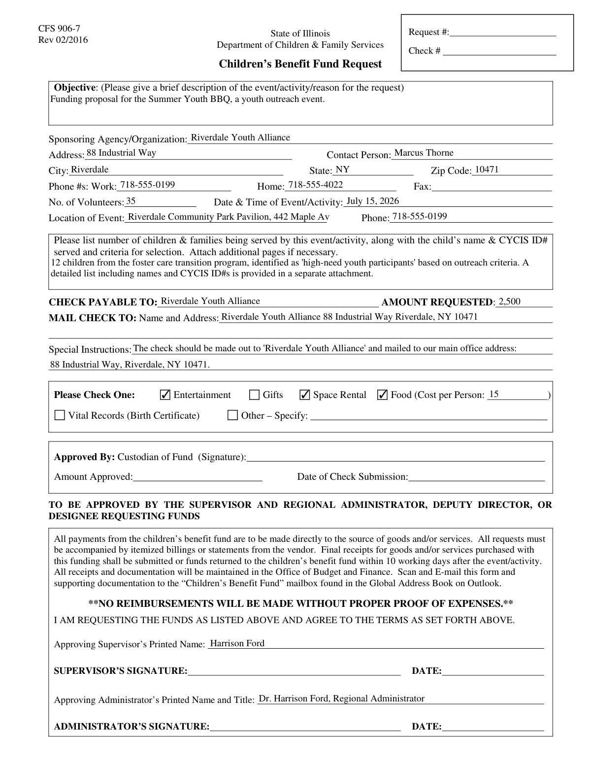 Completed Children's Special Fund Request form for youth community event