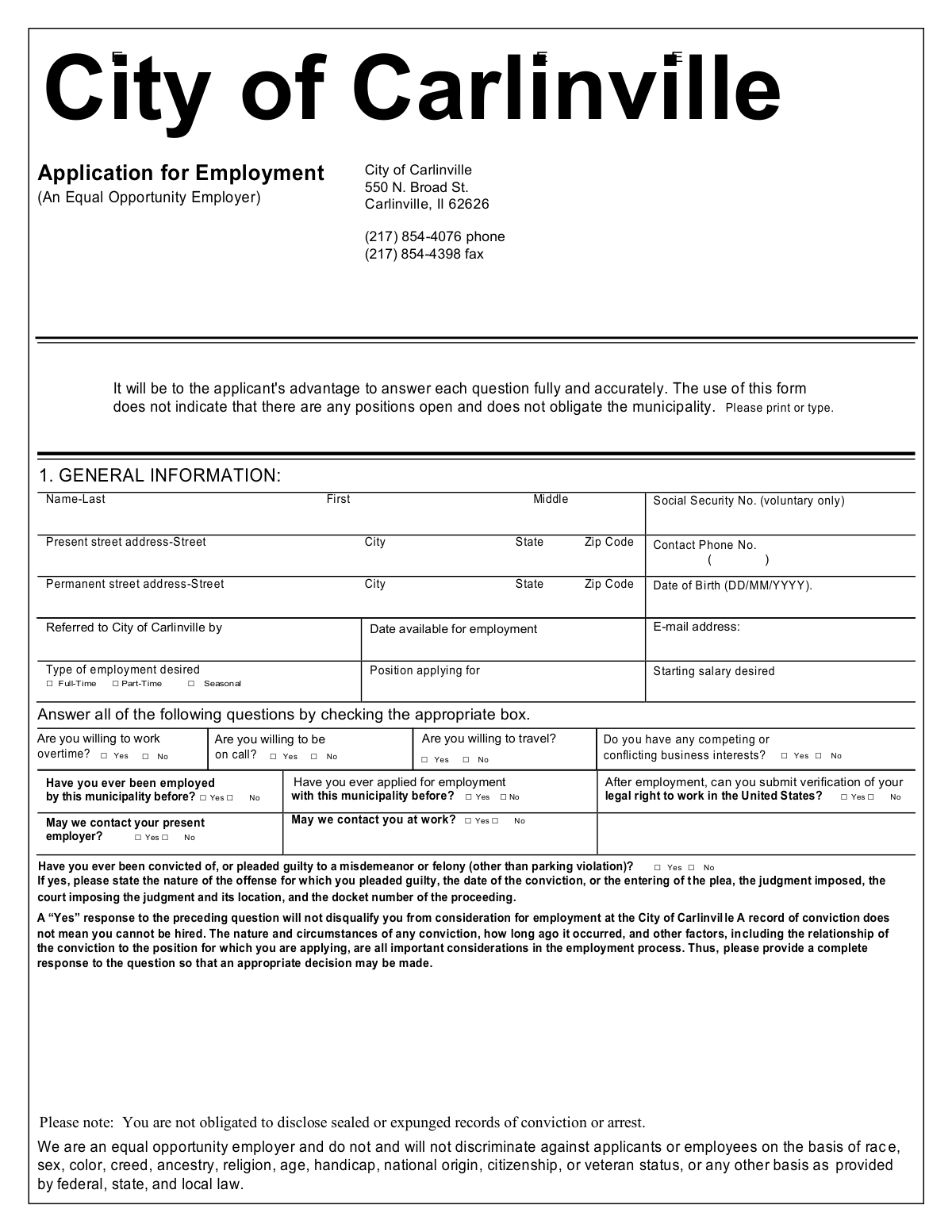 A sample of a completed City of Carlinville Application for Employment form for a Public Works position.