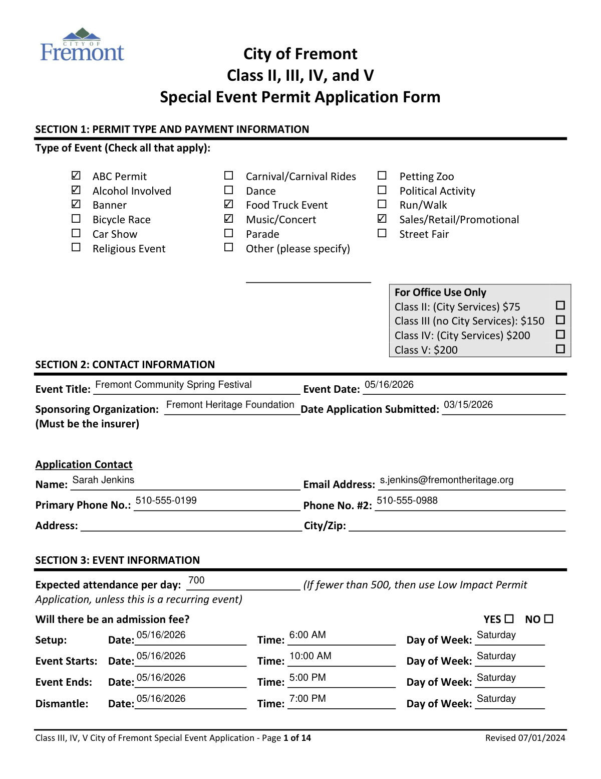 A completed City of Fremont Special Event Permit Application form for the Fremont Community Spring Festival.