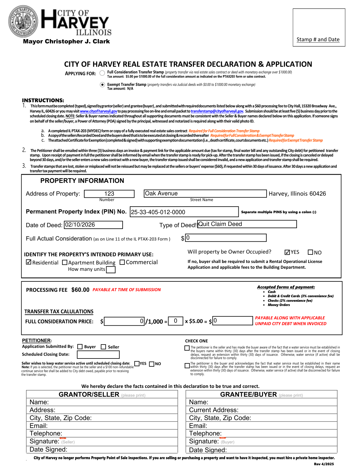Completed City of Harvey Real Estate Transfer Declaration for an exempt gift transfer from a parent to a child.