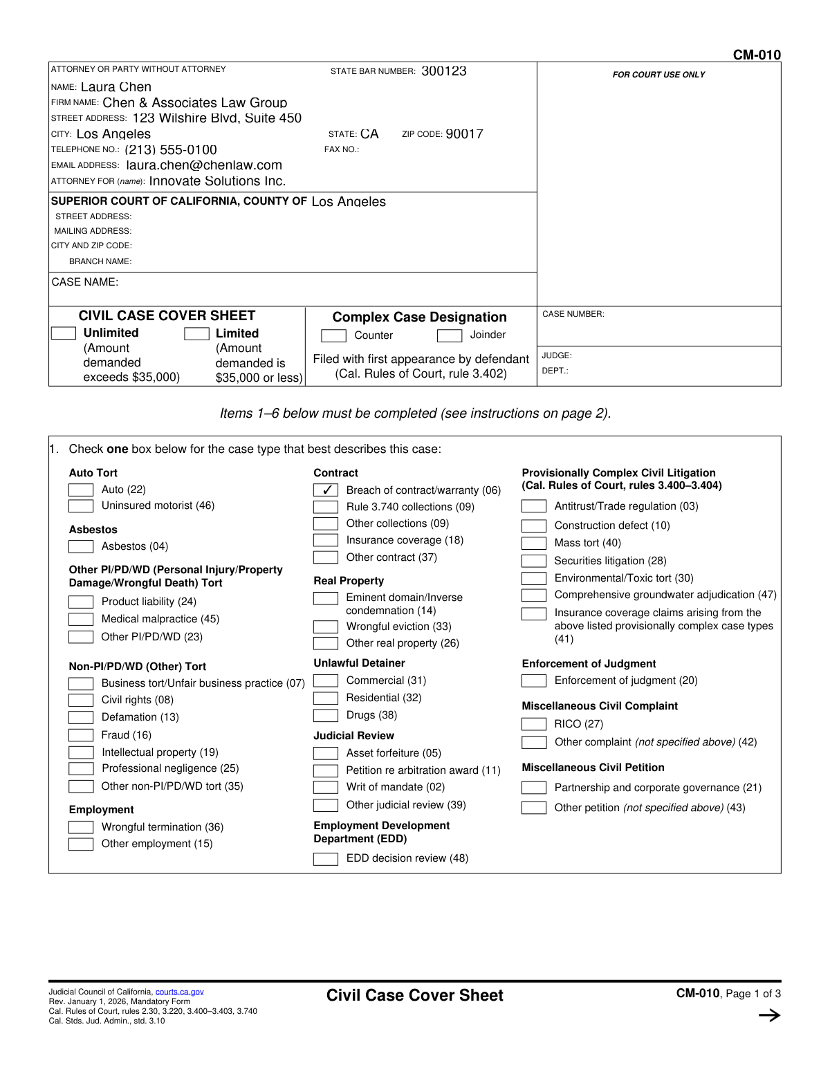 Completed example of a California Civil Case Cover Sheet (Form CM-010) for a breach of contract lawsuit.