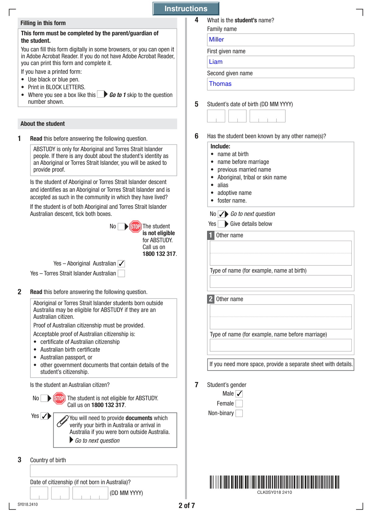 Completed ABSTUDY claim form showing student and parent details extracted from email correspondence.
