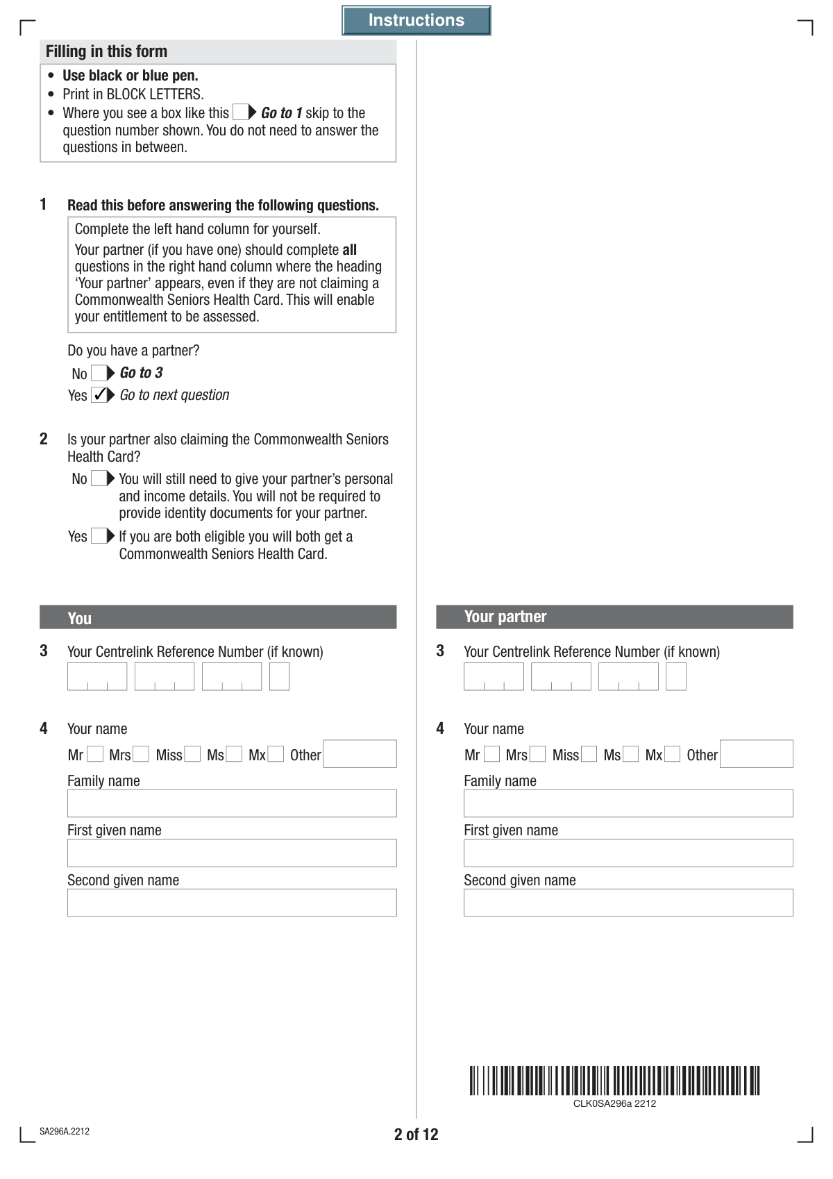 Filled Commonwealth Seniors Health Card application form