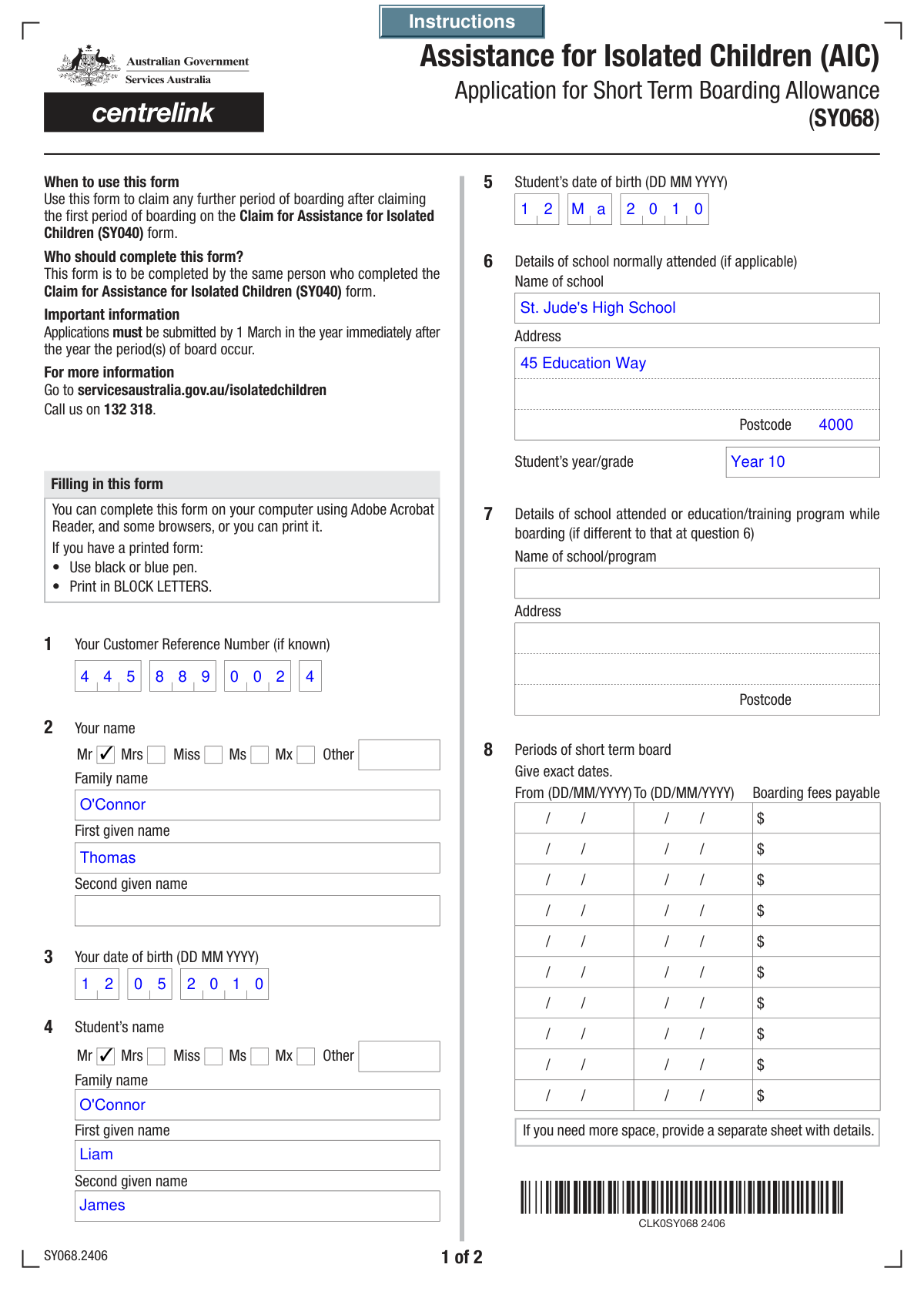 A screenshot of a processed Claim for Short Term Boarding Allowance form populated with data from a parent's email.