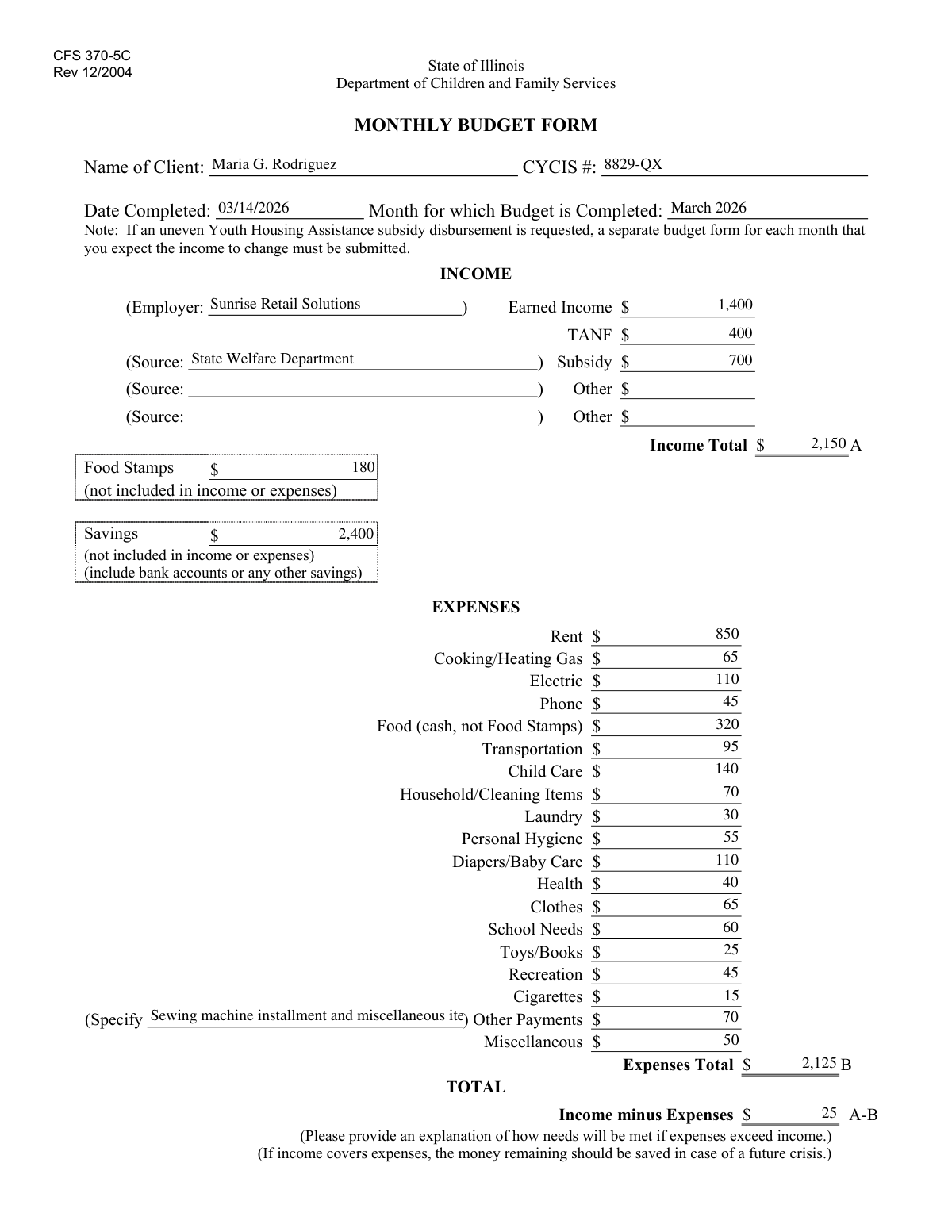 A screenshot of a completed Client Monthly Budget Worksheet showing income and expense categories