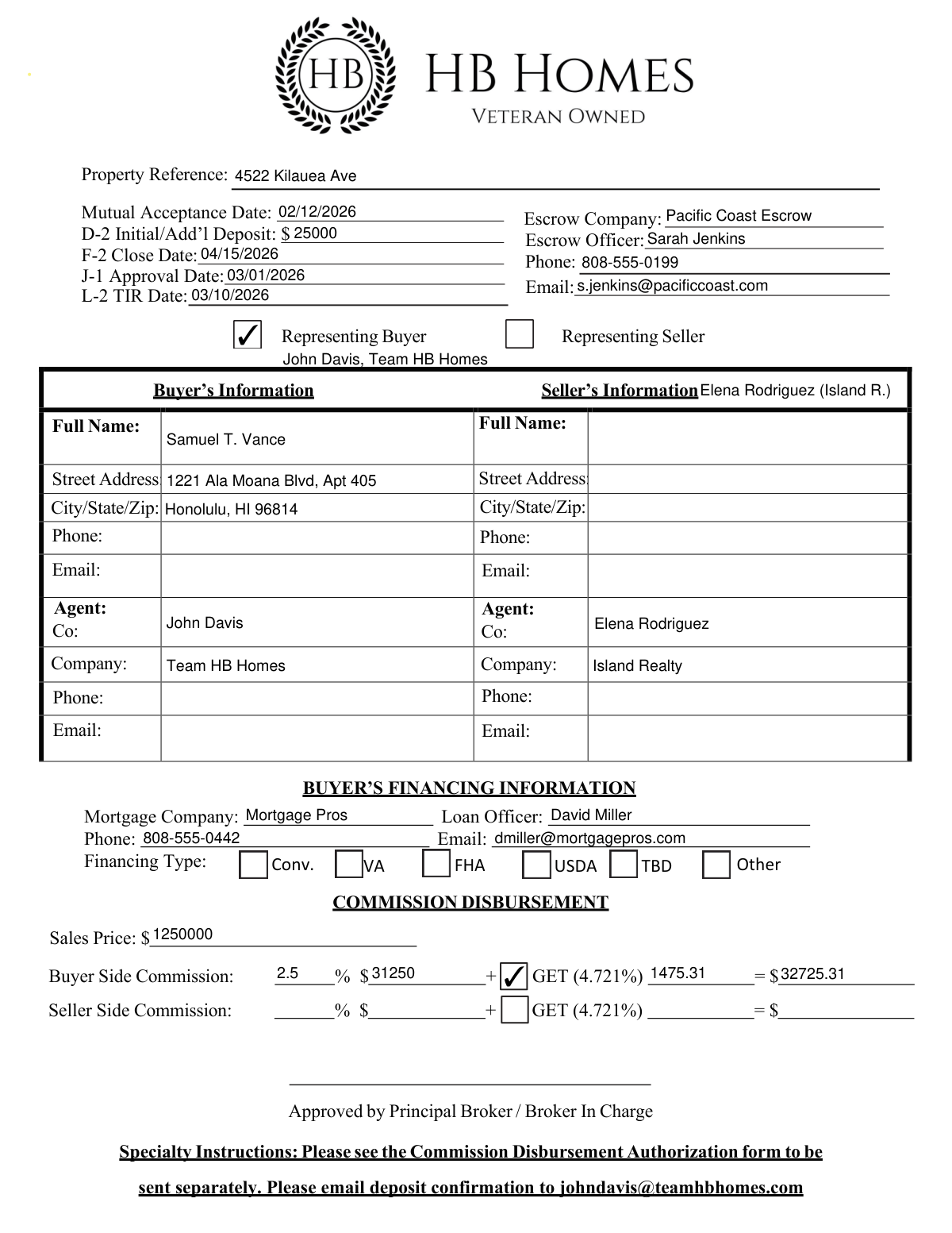 Automated Commission Disbursement Authorization form filled with extracted data from a real estate email thread.