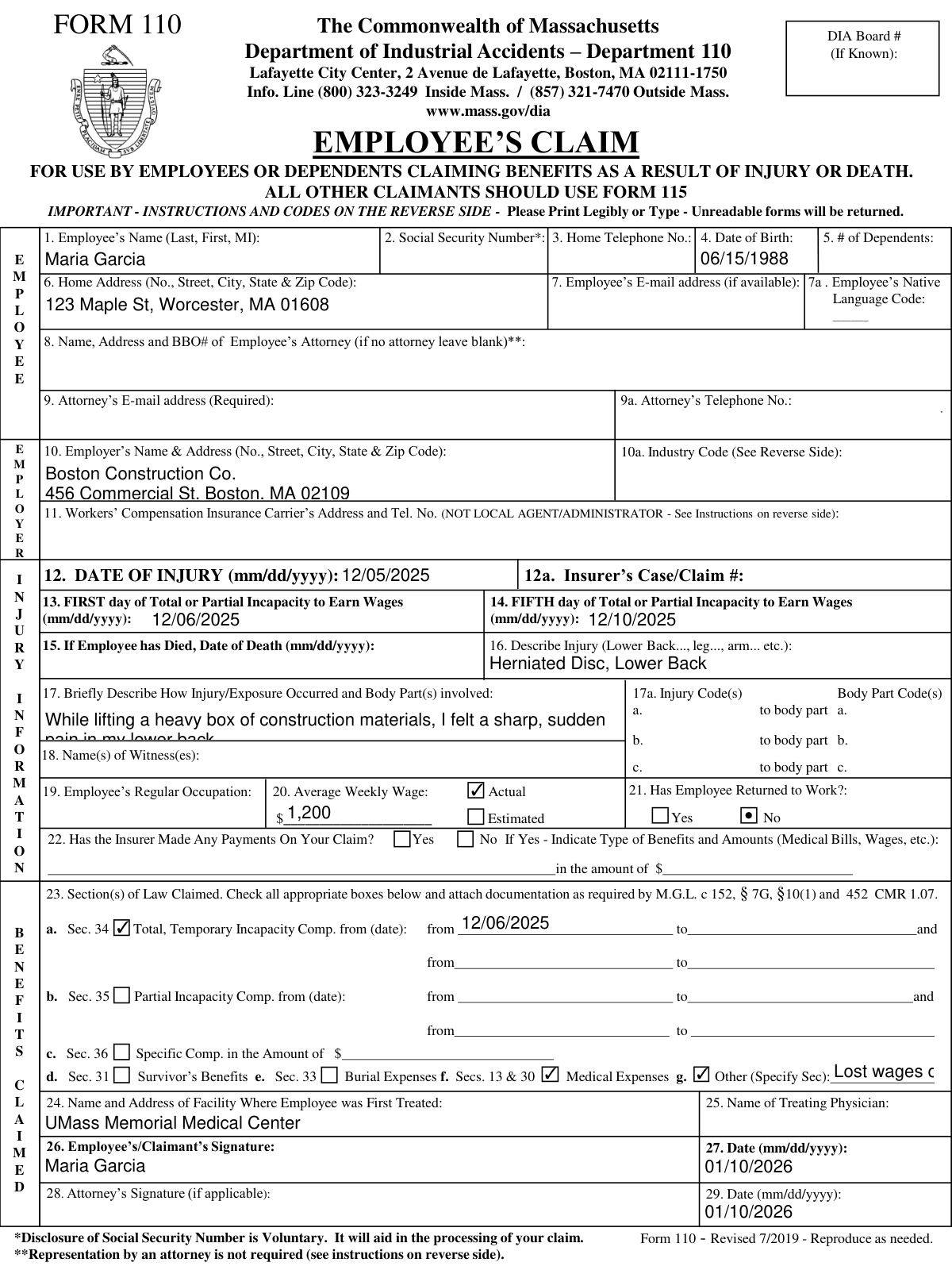 Completed Commonwealth of Massachusetts DIA Form 110 for an employee's claim due to a back injury sustained at a construction site.