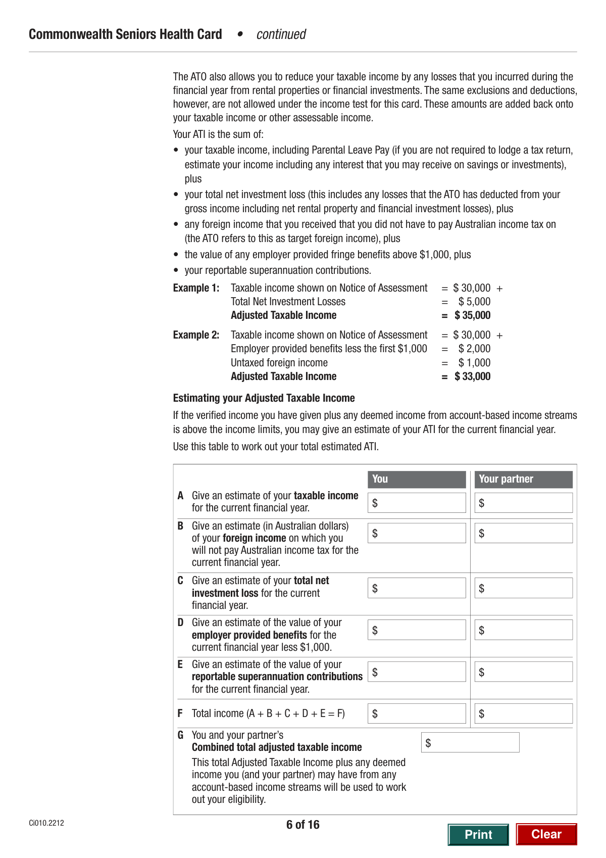 Filled Commonwealth Seniors Health Card (CSHC) Income Test and Dependent Child Worksheet