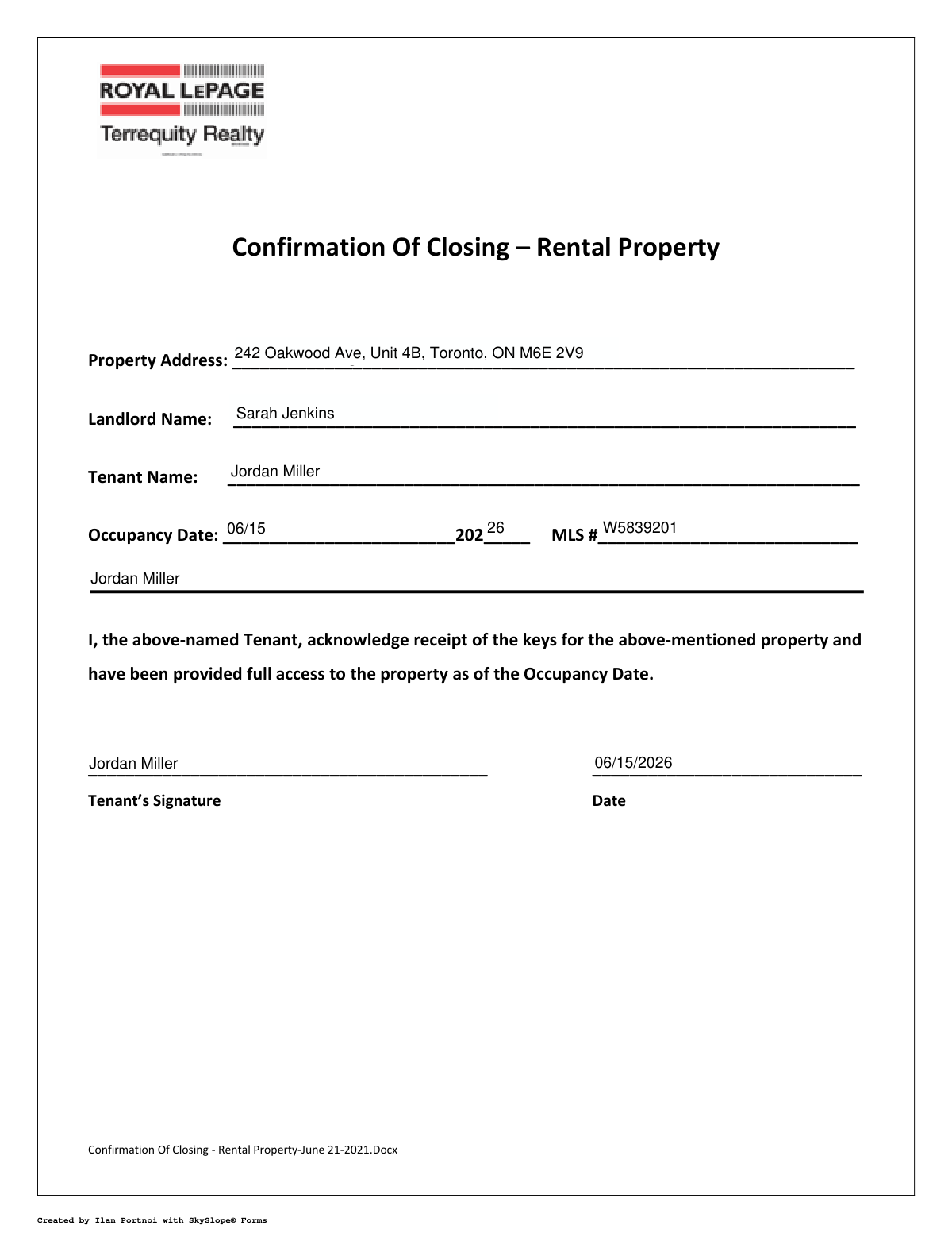 Filled-out Confirmation Of Closing – Rental Property document showcasing AI data extraction.